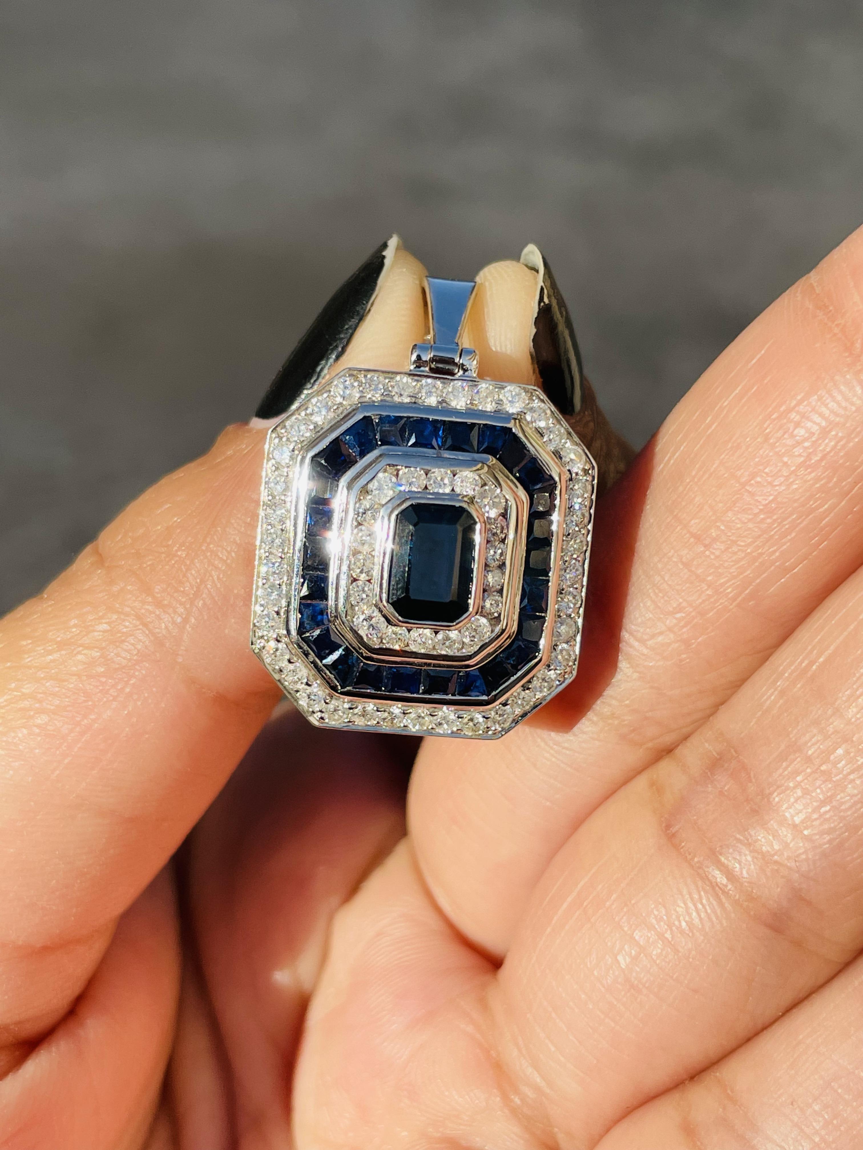 Blue Sapphire pendant in 18K Gold. It has a octagon cut sapphire studded with diamonds that completes your look with a decent touch. Pendants are used to wear or gifted to represent love and promises. It's an attractive jewelry piece that goes with