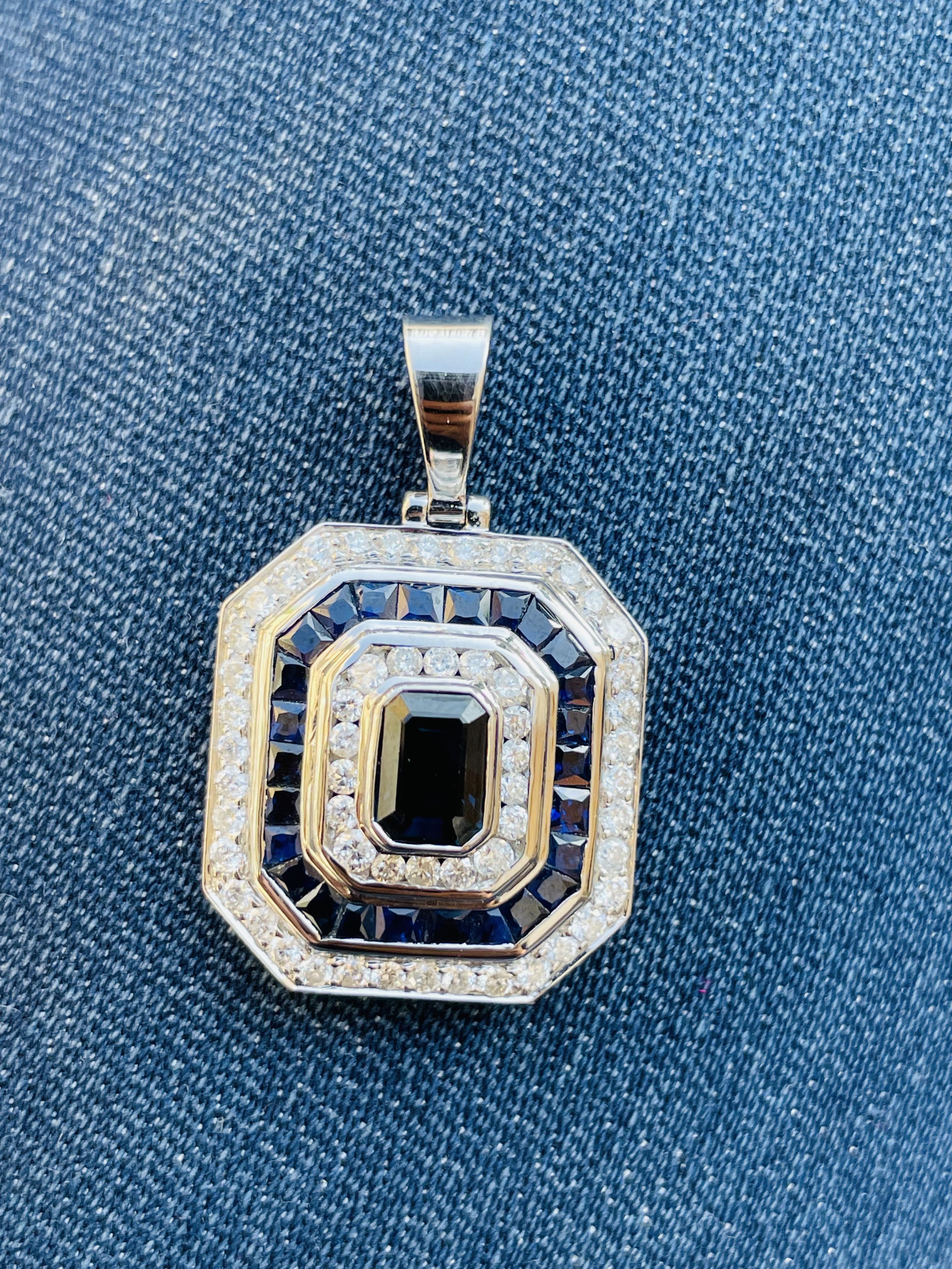 Blue Sapphire and Diamond Pendant in 18K White Gold  For Sale 1