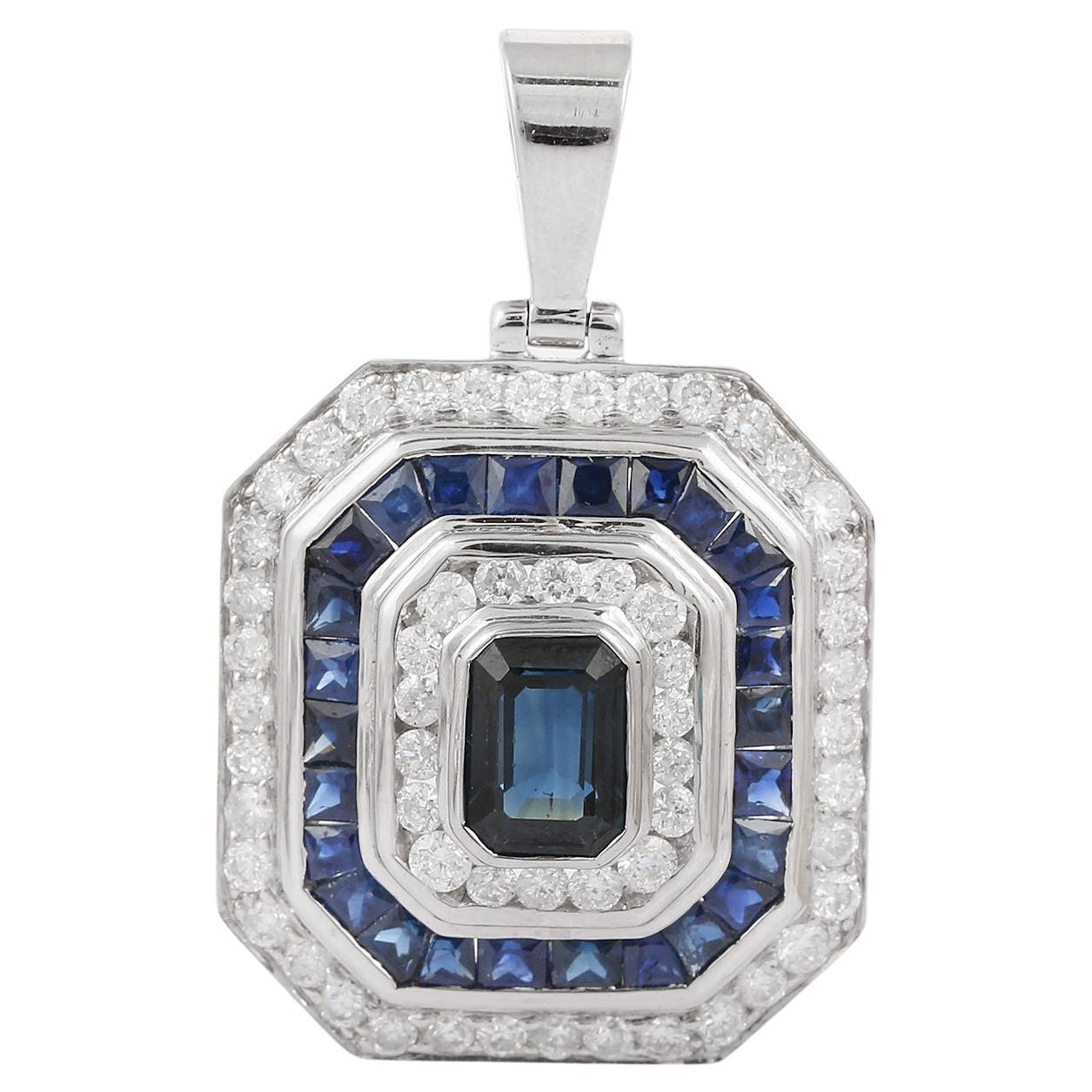 Blue Sapphire and Diamond Pendant in 18K White Gold  For Sale