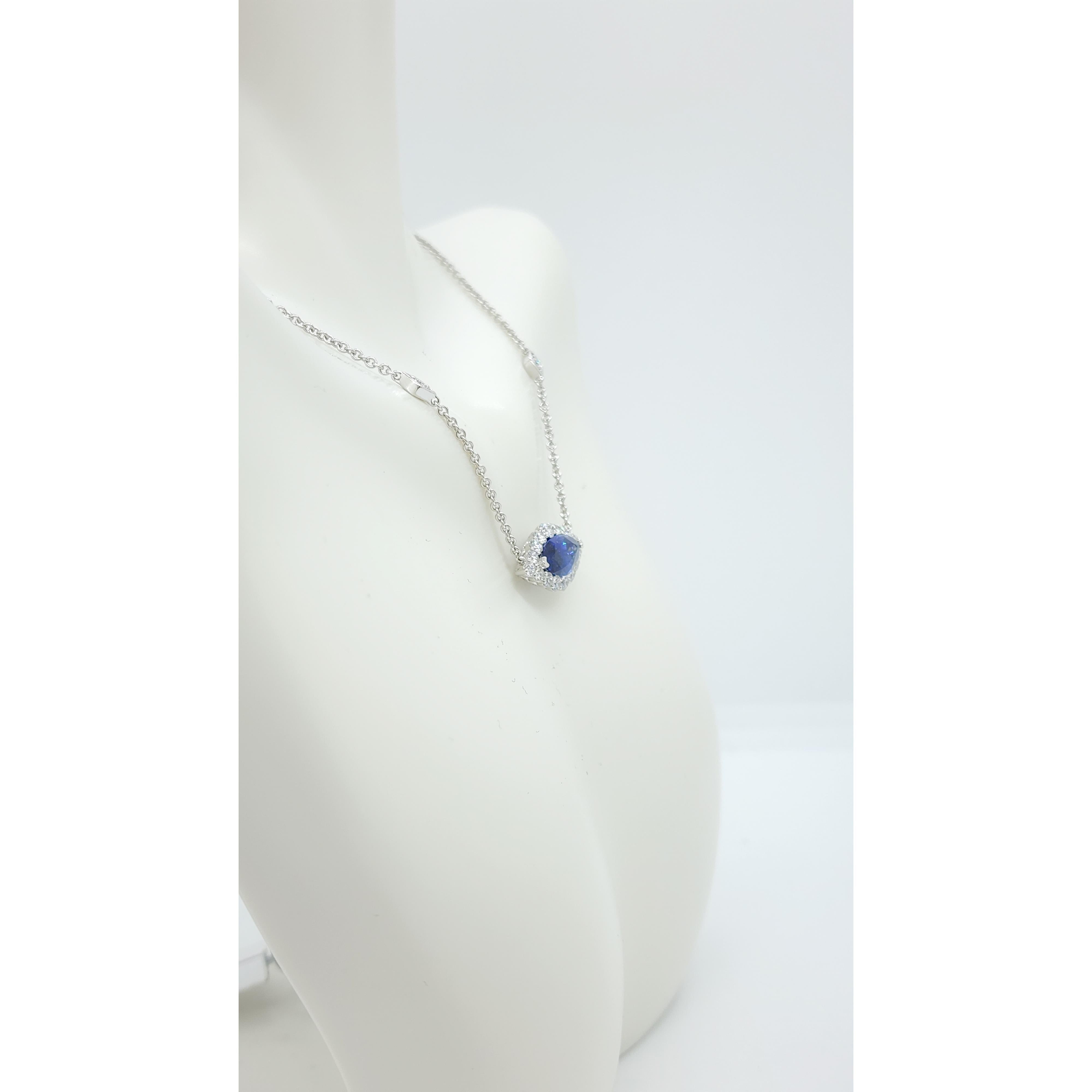 Women's or Men's Blue Sapphire and Diamond Pendant Necklace in 18k White Gold For Sale