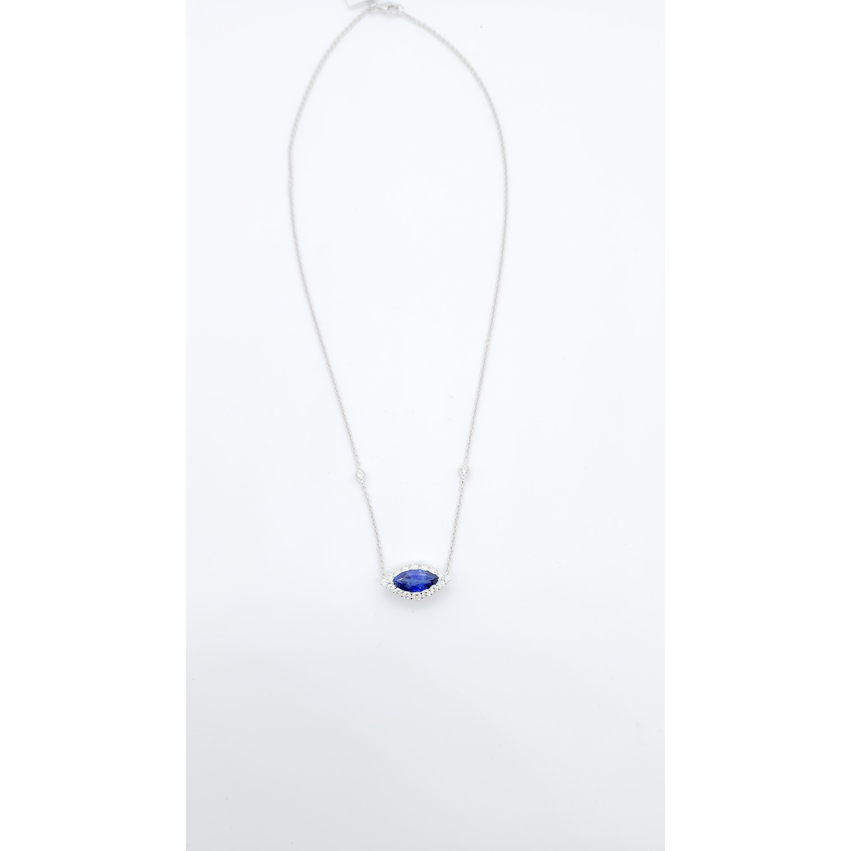 Blue Sapphire and Diamond Pendant Necklace in 18k White Gold For Sale 2