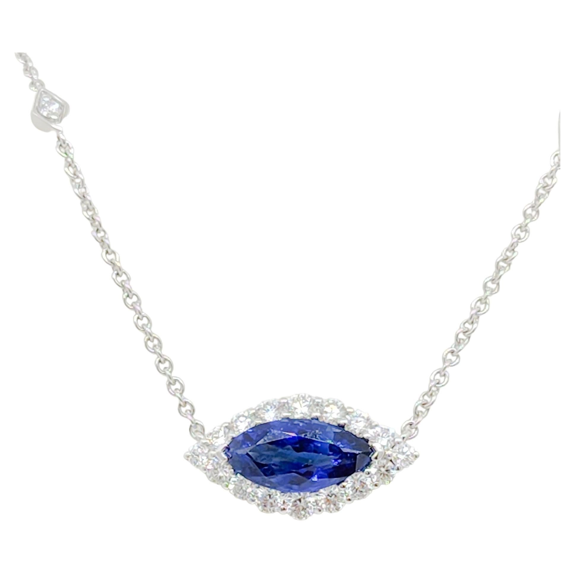 Blue Sapphire and Diamond Pendant Necklace in 18k White Gold