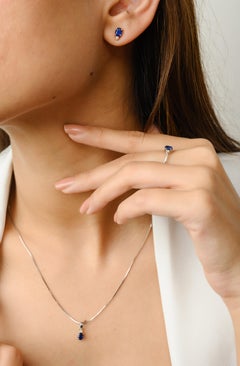 18k White Gold Blue Sapphire and Diamond Pendant, Ring and Earring Jewelry Set