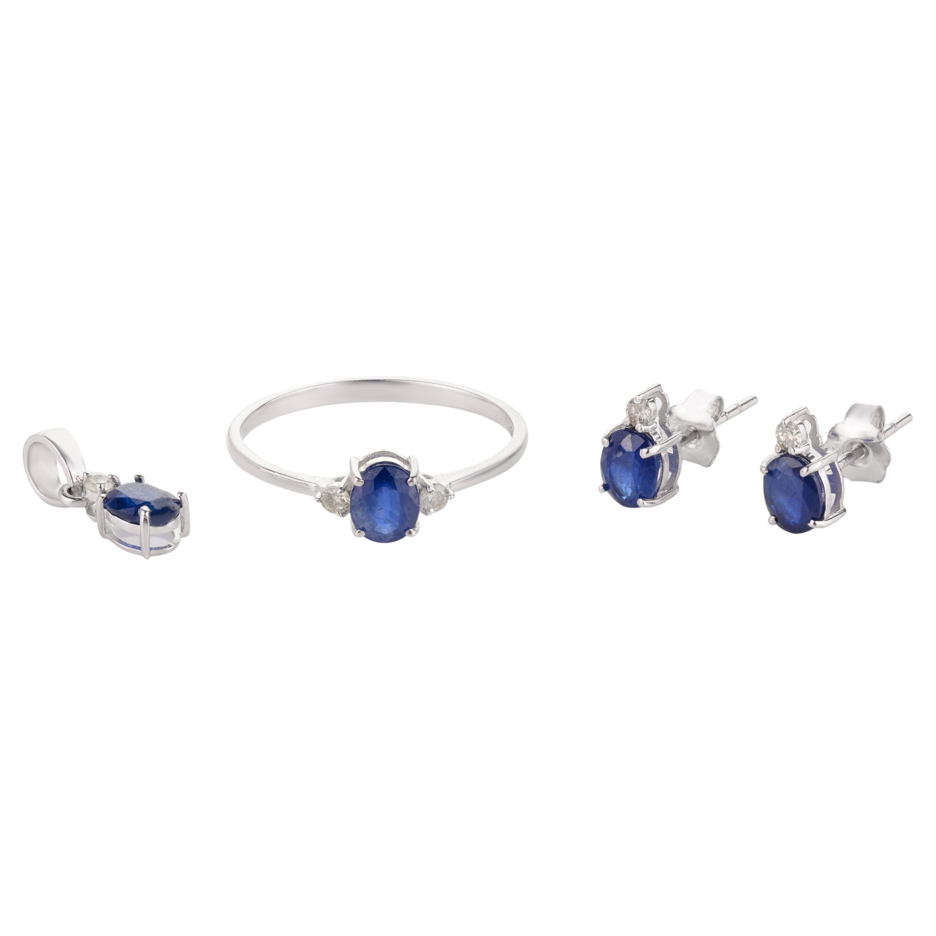 For Sale:  18k White Gold Blue Sapphire and Diamond Pendant, Ring and Earring Jewelry Set