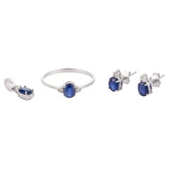 18k White Gold Blue Sapphire and Diamond Pendant, Ring and Earring Jewelry Set