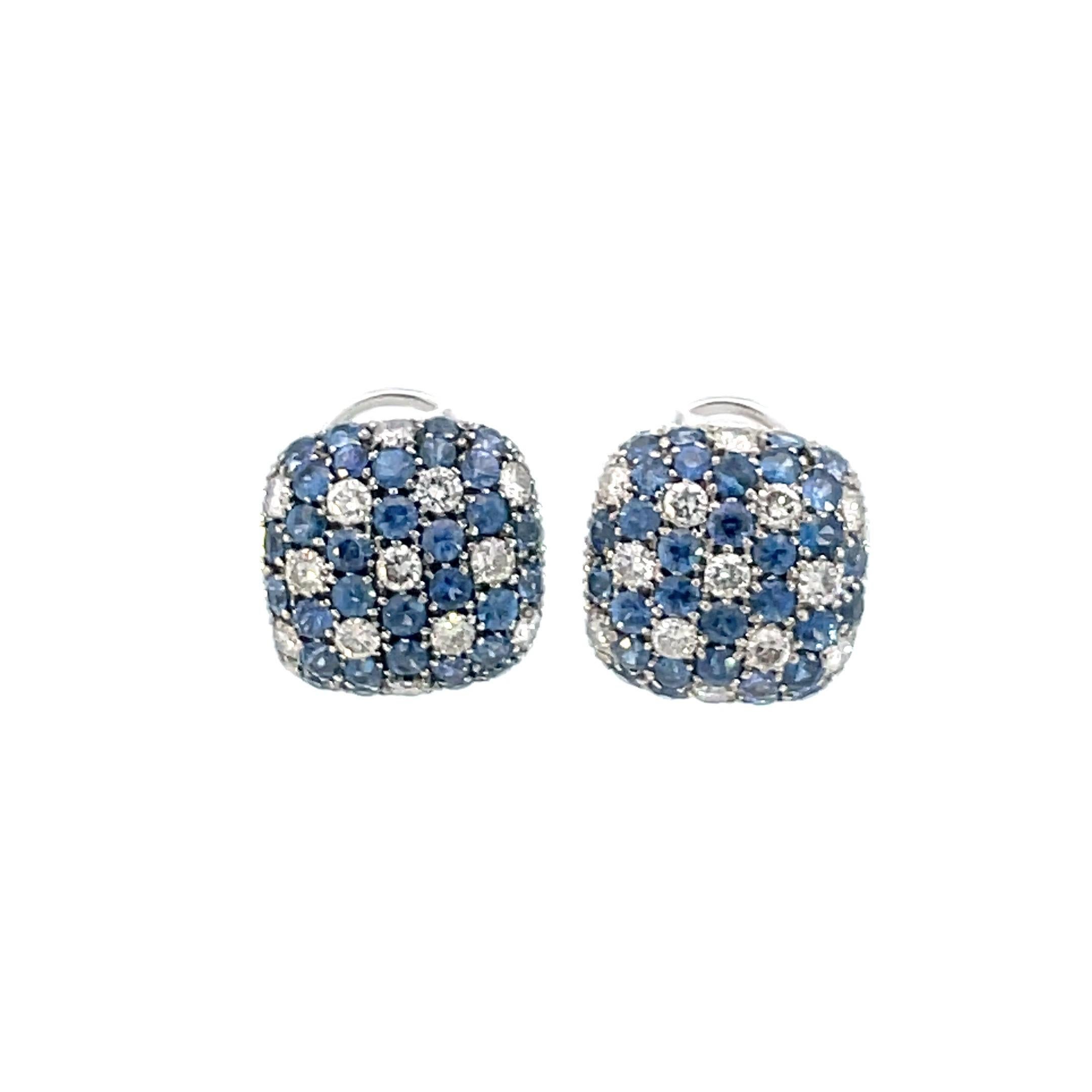 Contemporary Blue Sapphire and Diamond Puff Cushion Shape Earring in 18 Karat White Gold For Sale