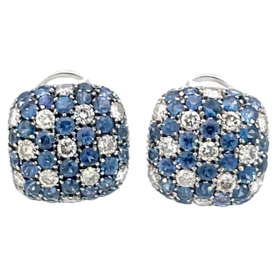 Blue Sapphire and Diamond Puff Cushion Shape Earring in 18 Karat White ...