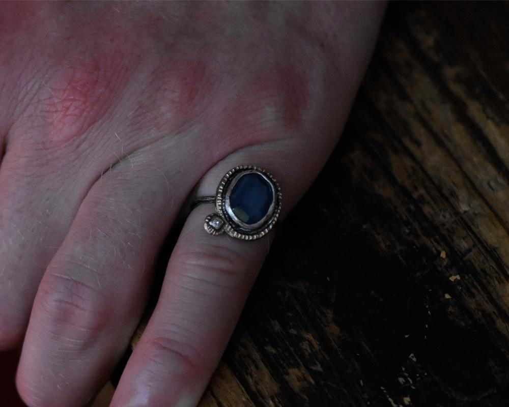 Rose Cut Blue Sapphire and Diamond Ring by Franny E