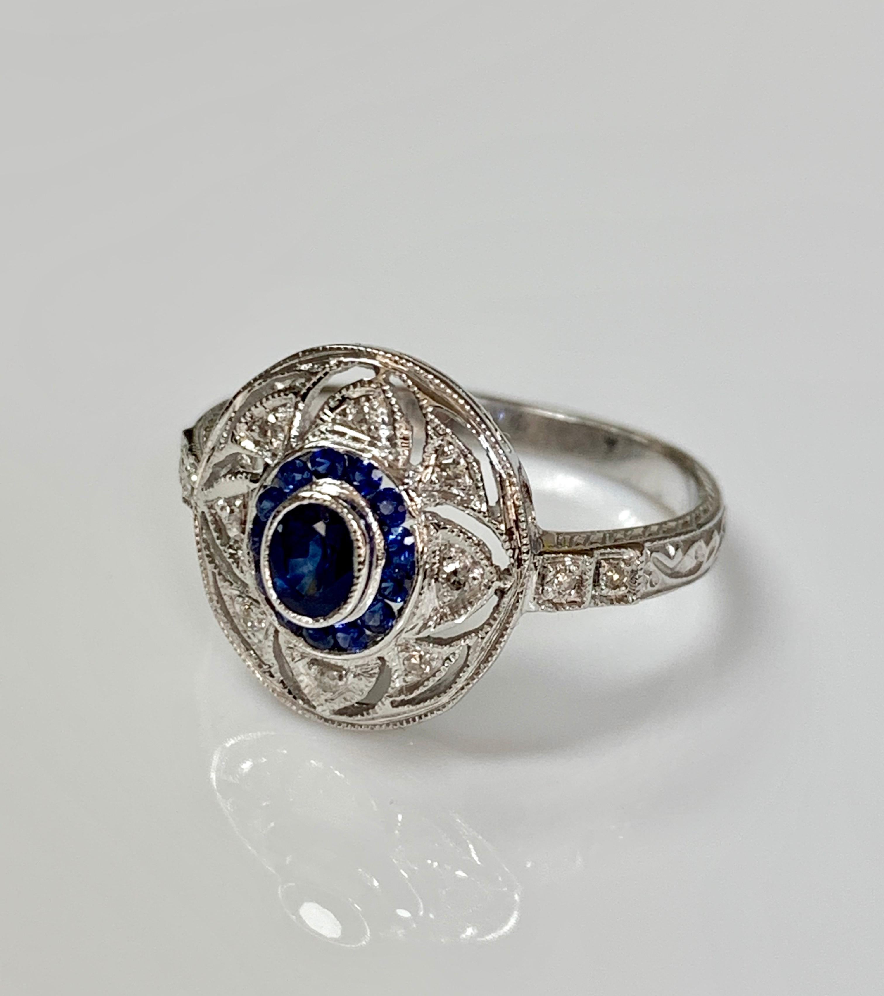 Women's Blue Sapphire and Diamond Ring in 14 Karat White Gold