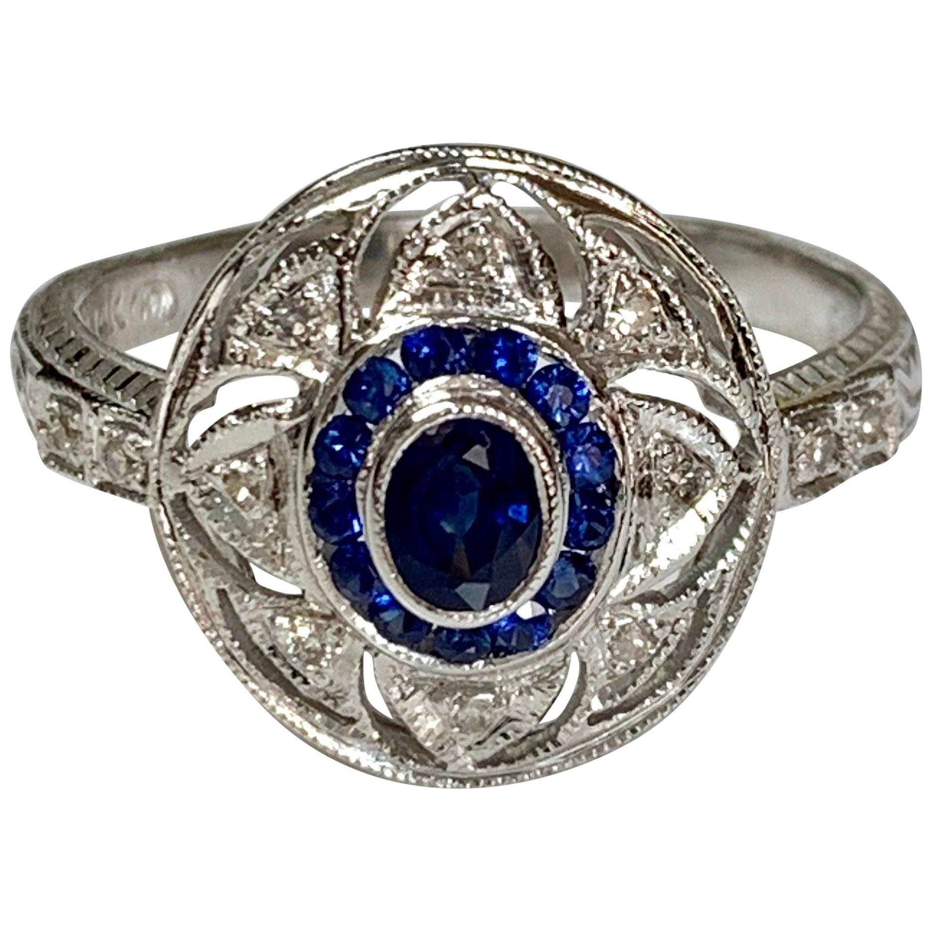 Blue Sapphire and Diamond Ring in 14 Karat White Gold