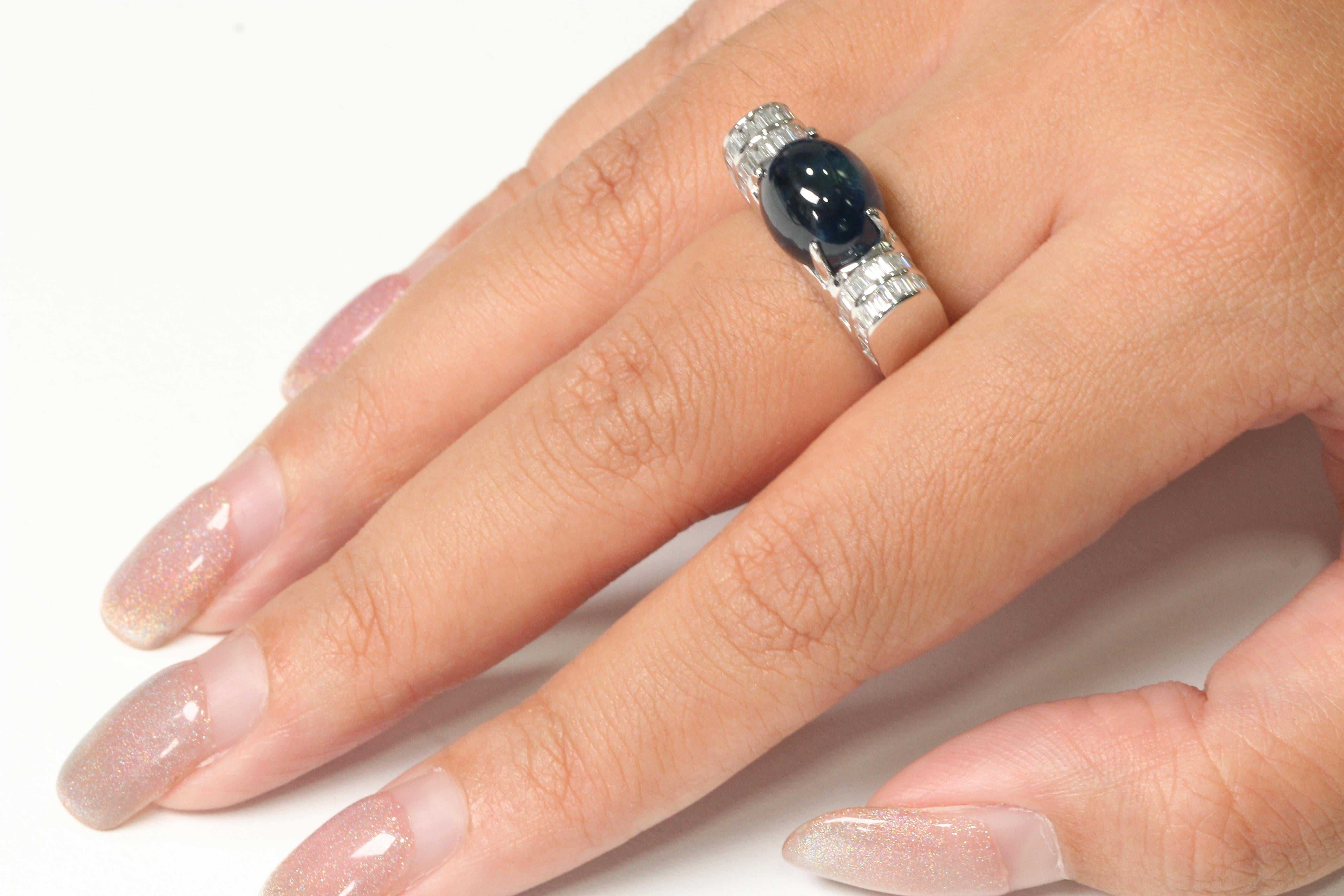 A gorgeous sapphire and diamond dome ring in 18K gold. This stunning 18K white gold sapphire and diamond dome ring will give your look a glamorous update. The blue sapphire is so eye-catching, it will make any outfit pop! You can also add additional