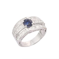 Blue Sapphire Diamond Thick Engagement Band Style Ring in 18kt Solid White Gold