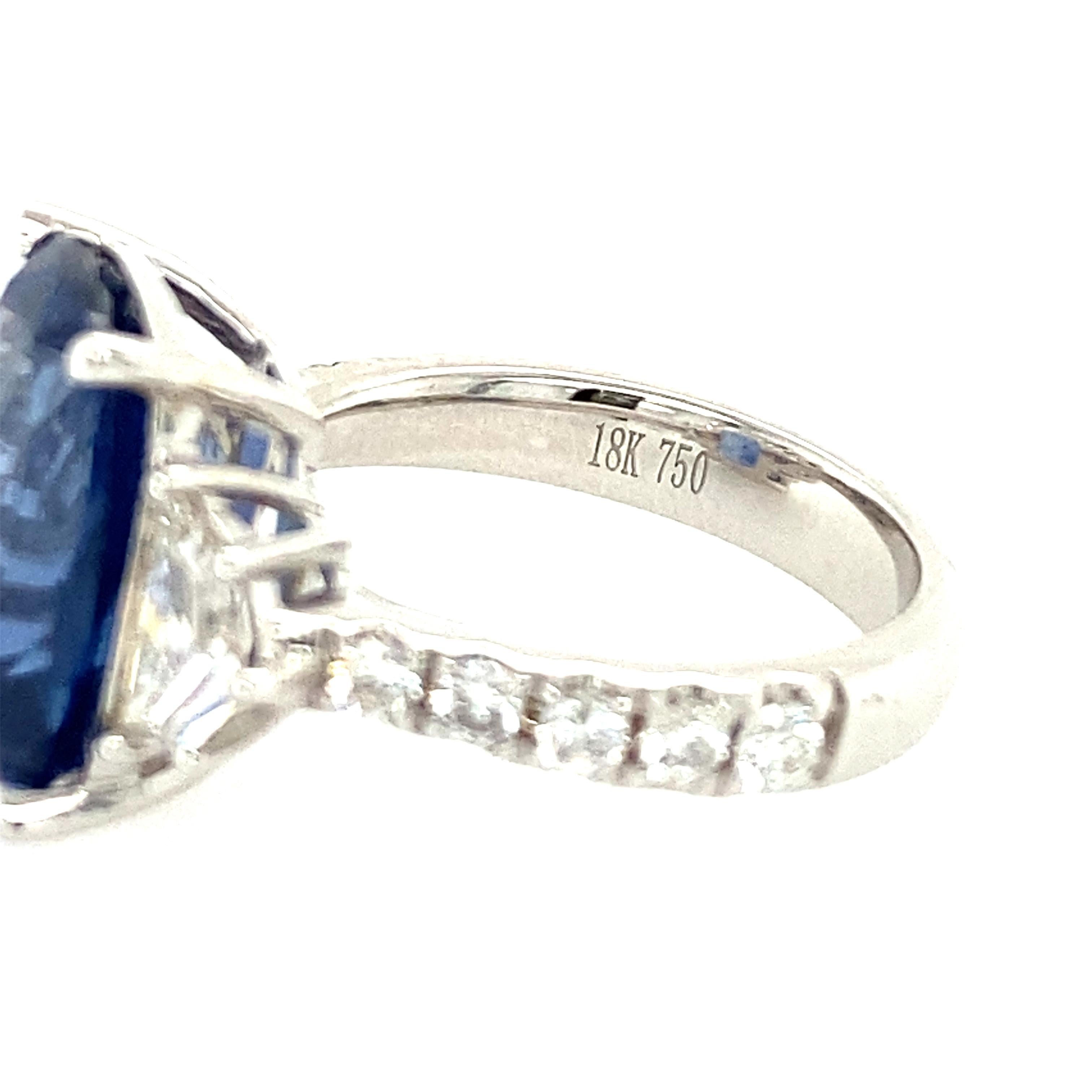 Cushion Cut Blue Sapphire and Diamond Ring in 18K White Gold