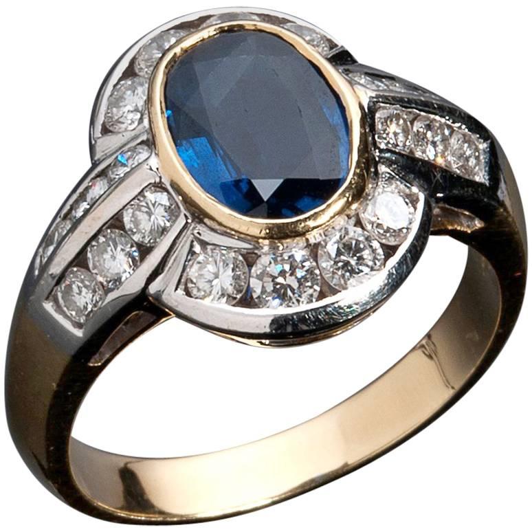Blue Sapphire and Diamond Ring, Made in Italy, 1990s For Sale