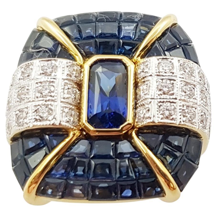 Blue Sapphire and Diamond Ring Set in 18 Karat Gold Settings For Sale