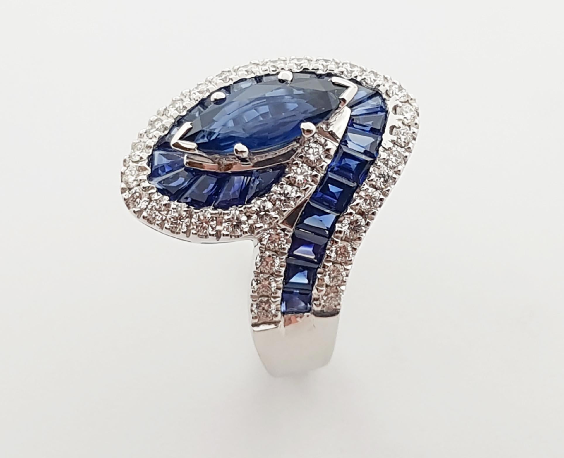 Marquise Cut Blue Sapphire and Diamond Ring Set in 18 Karat White Gold Settings For Sale