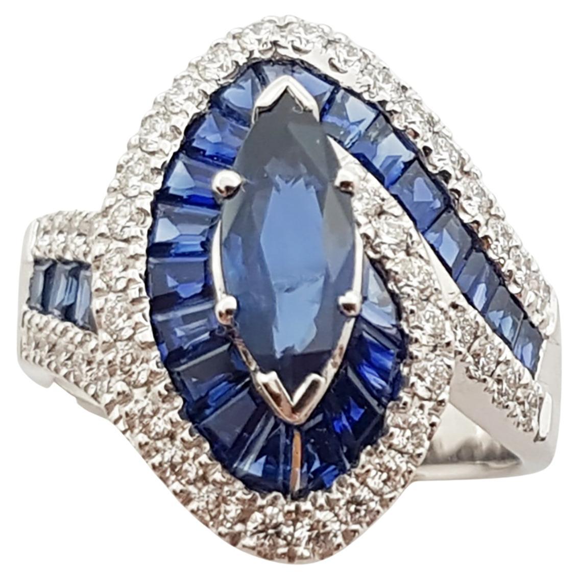 Blue Sapphire and Diamond Ring Set in 18 Karat White Gold Settings For Sale