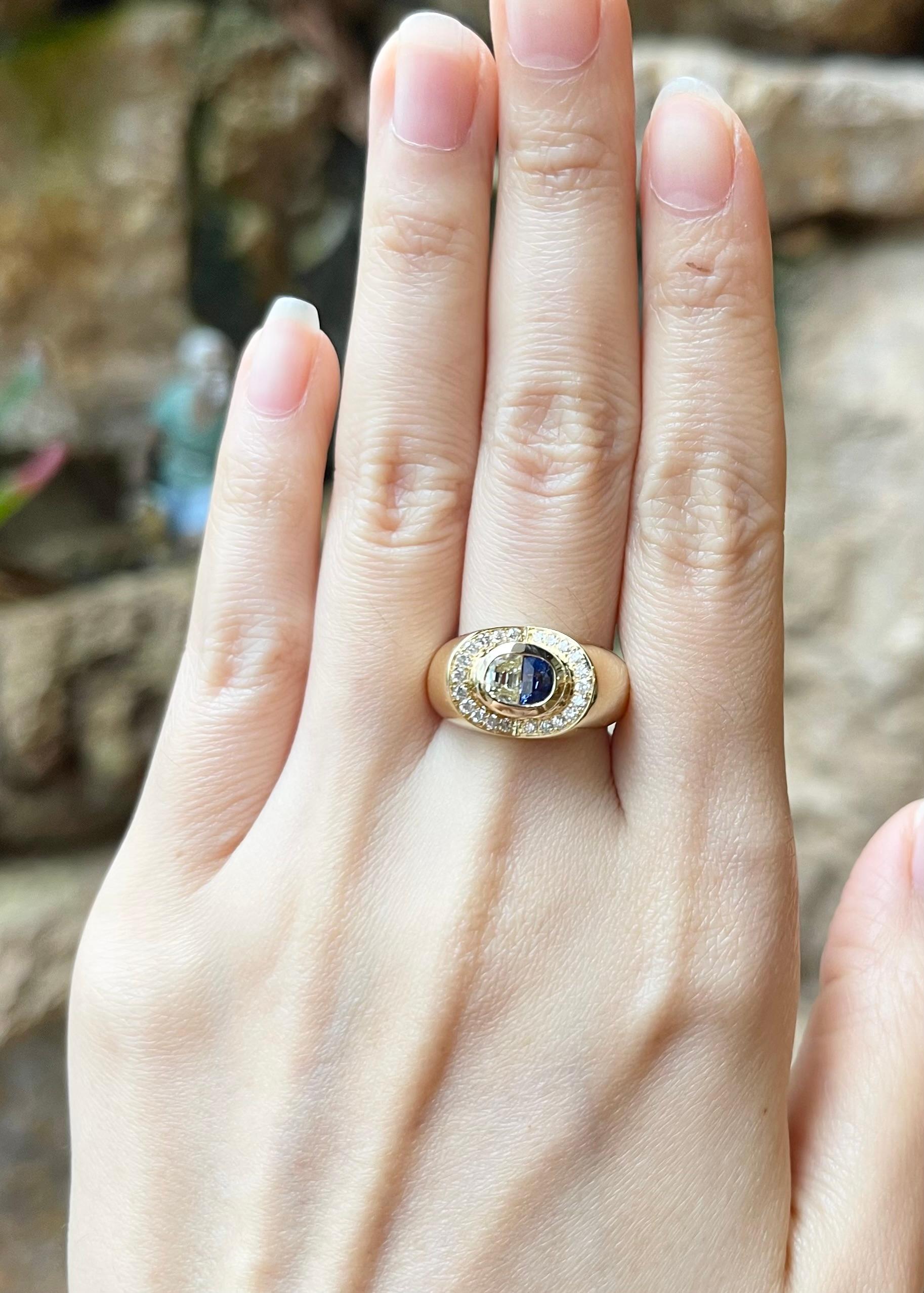 Blauer Saphir 0,41 Karat und Diamant 0,31 Karat mit Diamant 0,26 Karat Ring in 18K Goldfassung

Breite:  1,5 cm 
Länge: 1,2 cm
Ringgröße: 58
Gesamtgewicht: 9,76 Gramm

