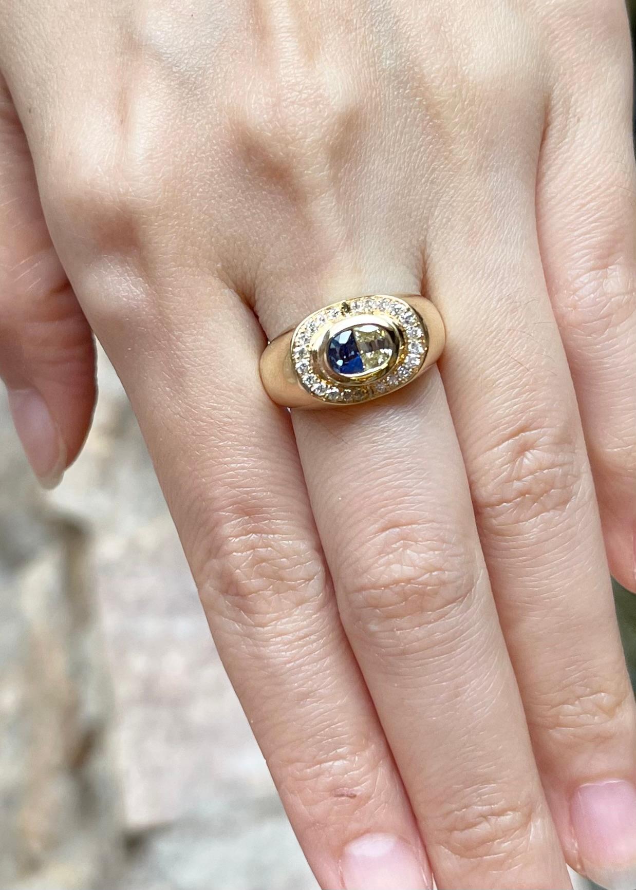 Ring mit blauem Saphir und Diamant in 18 Karat Goldfassungen gefasst (Gemischter Schliff) im Angebot