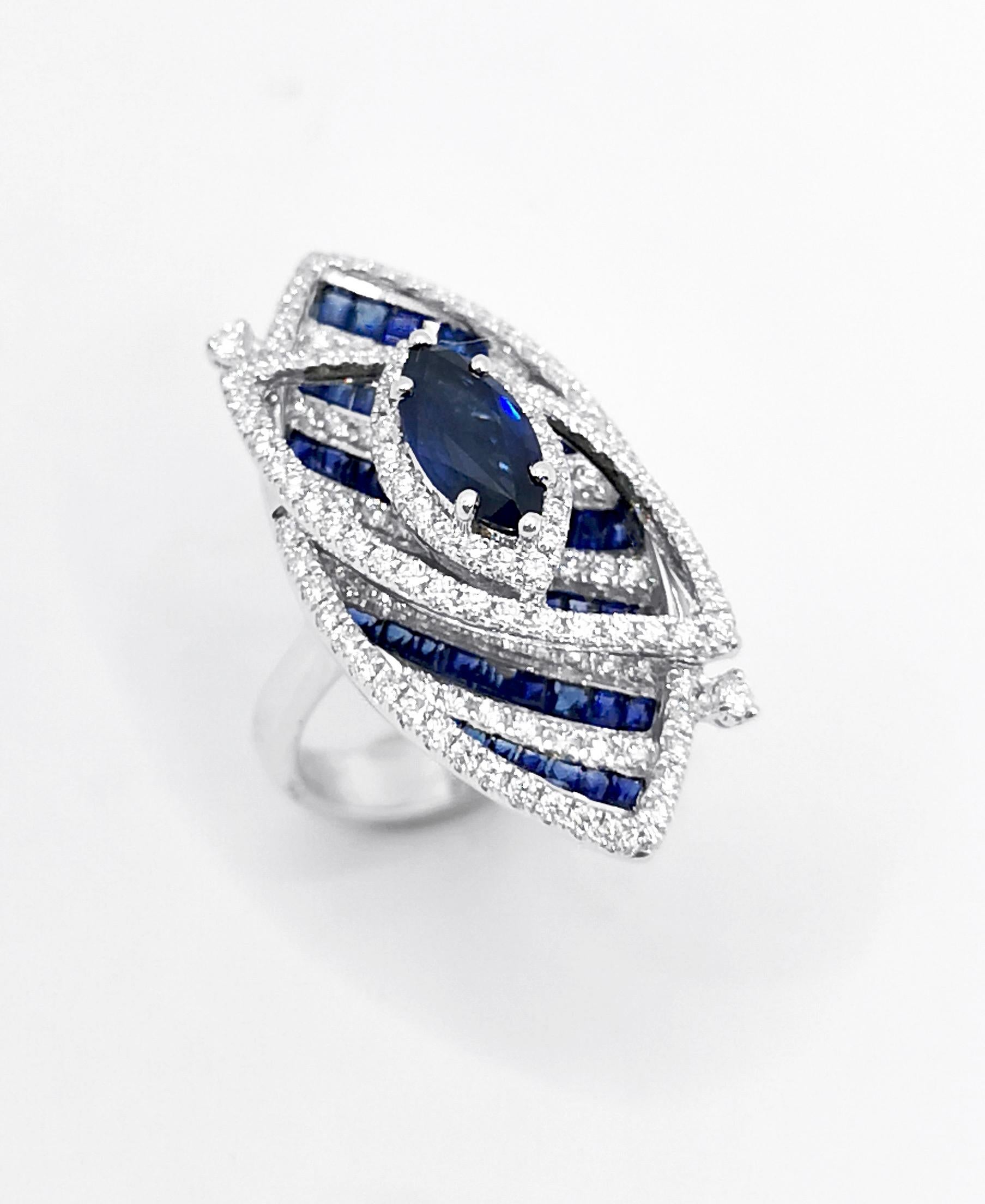 Blue Sapphire and Diamond Ring set in 18K White Gold Settings For Sale 5