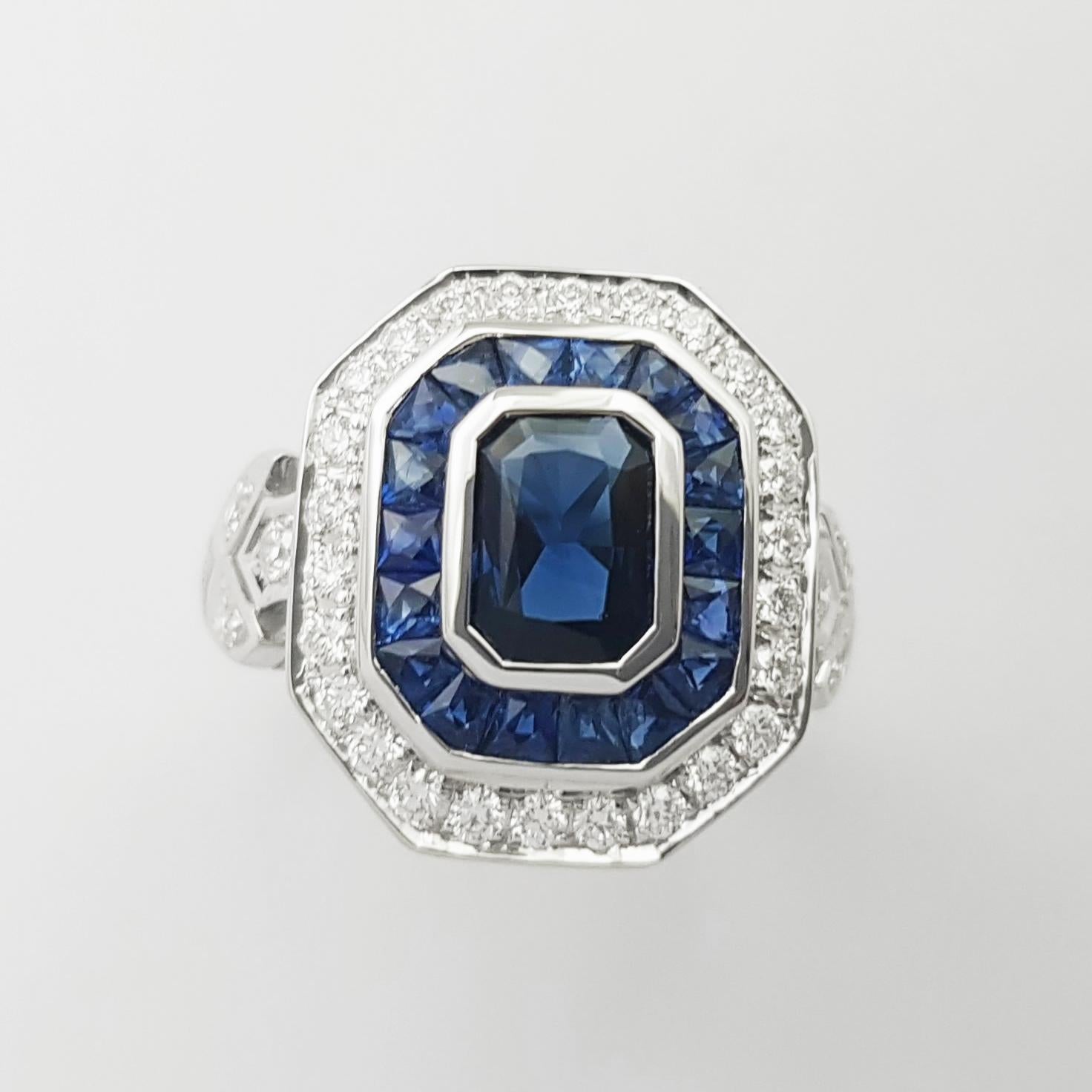 Blue Sapphire and Diamond Ring set in 18K White Gold Settings For Sale 5