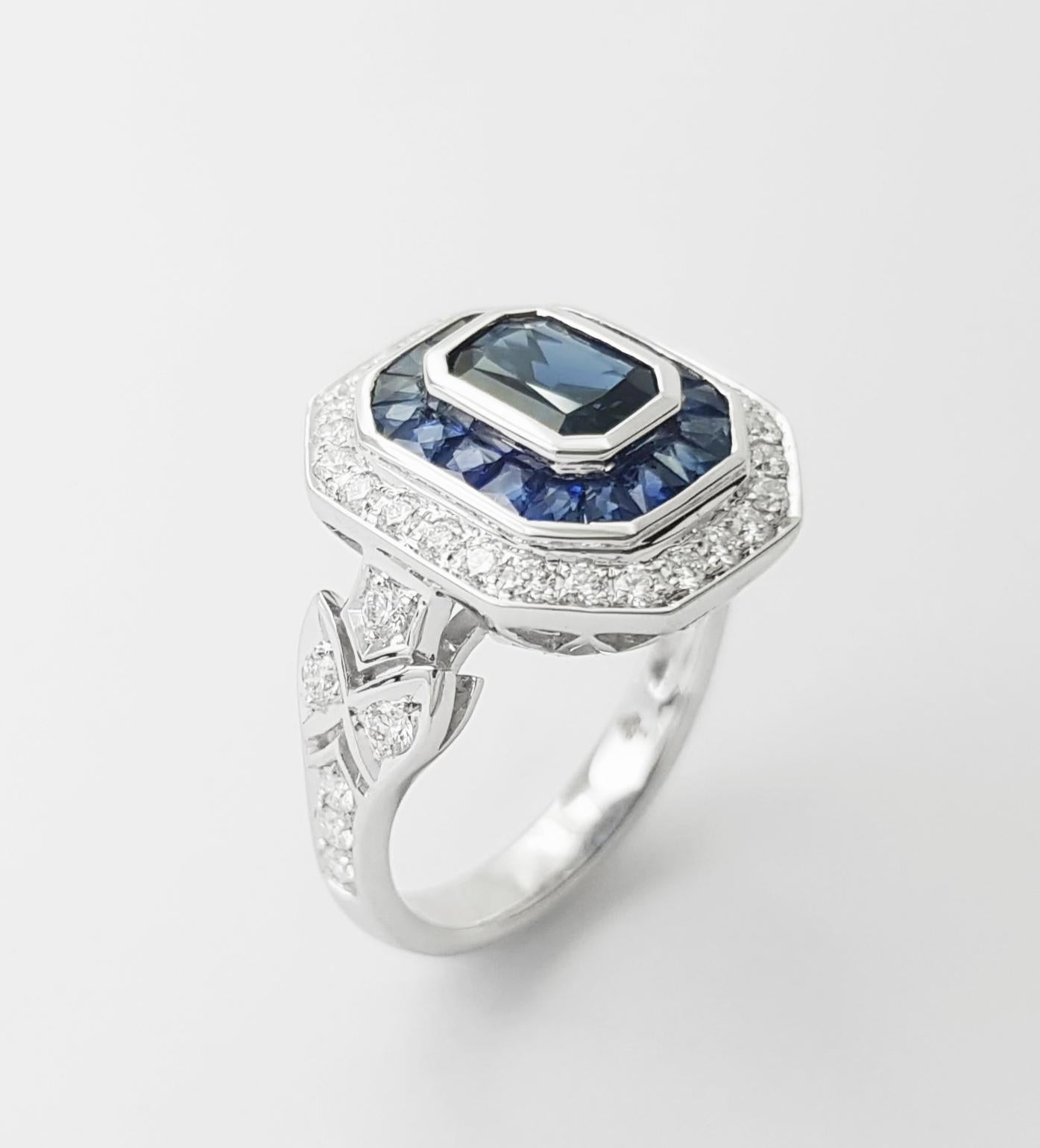 Blue Sapphire and Diamond Ring set in 18K White Gold Settings For Sale 6