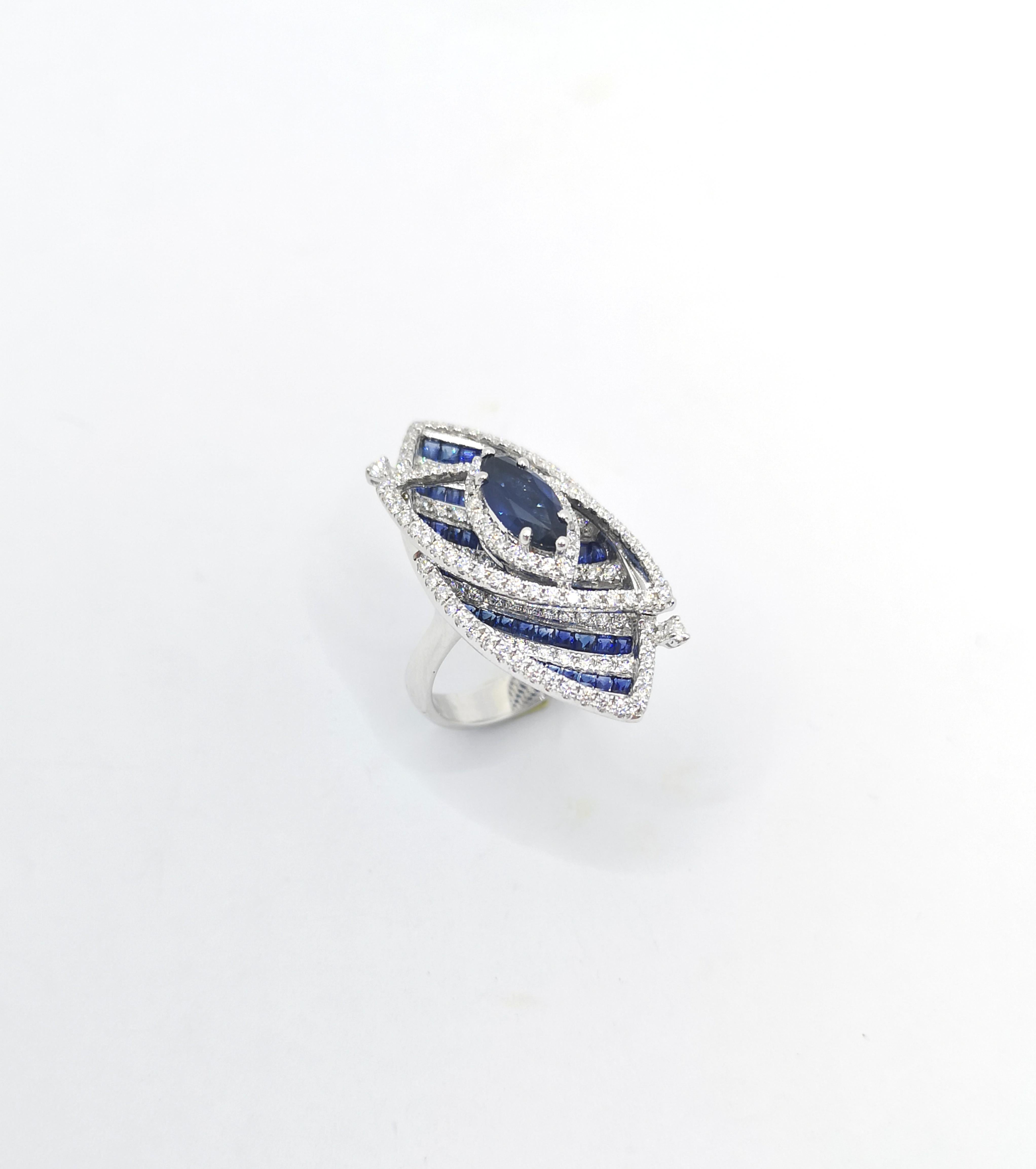 Blue Sapphire and Diamond Ring set in 18K White Gold Settings For Sale 8
