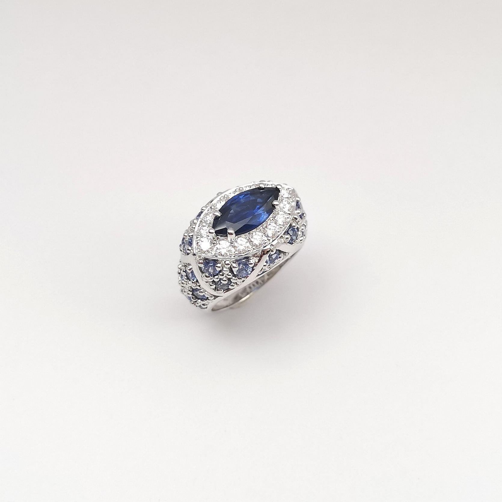 Blue Sapphire and Diamond Ring set in 18K White Gold Settings For Sale 8