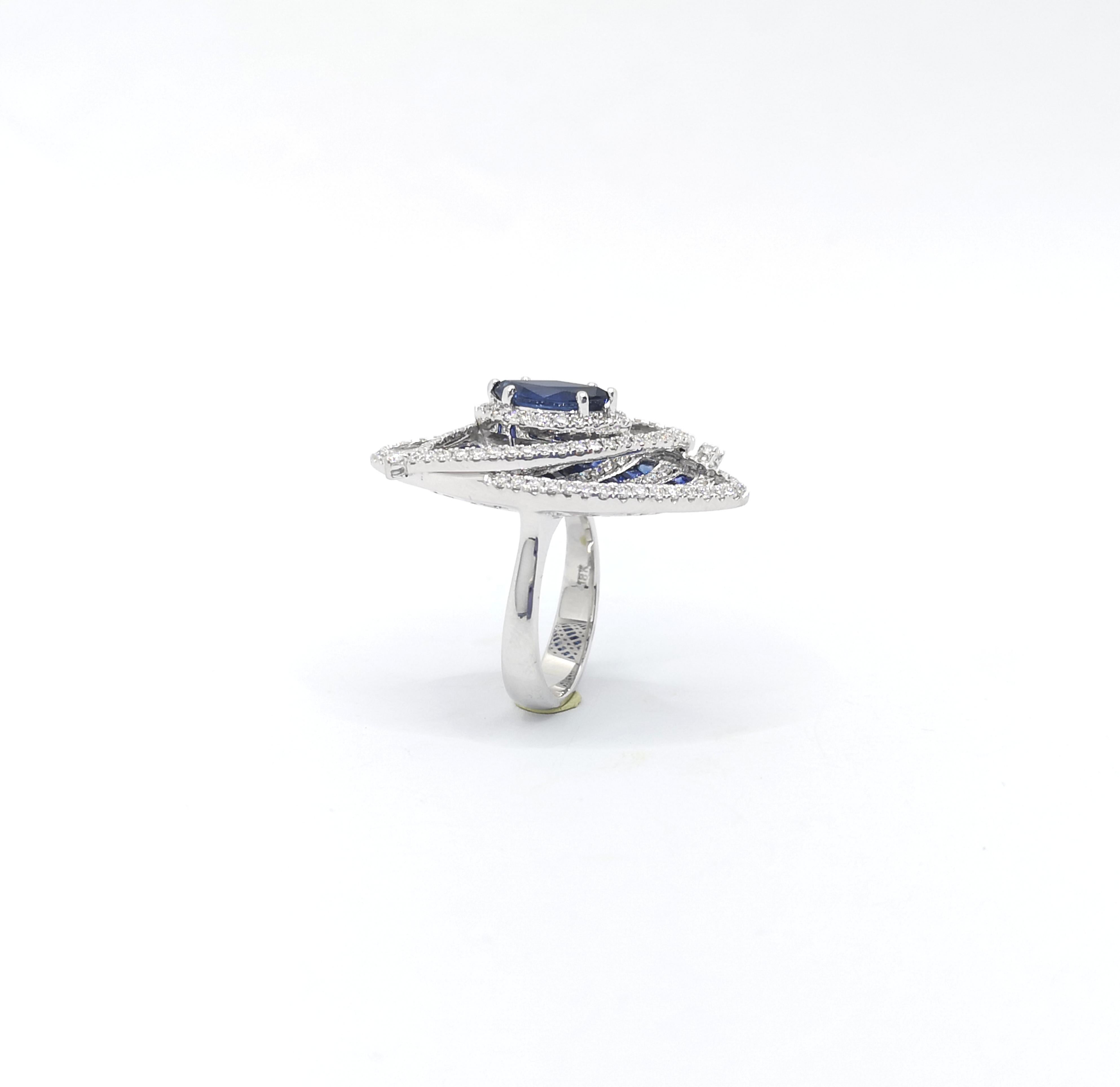 Blue Sapphire and Diamond Ring set in 18K White Gold Settings For Sale 9