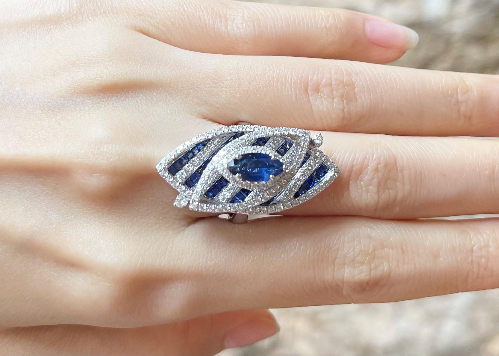 Blue Sapphire and Diamond Ring set in 18K White Gold Settings For Sale 1