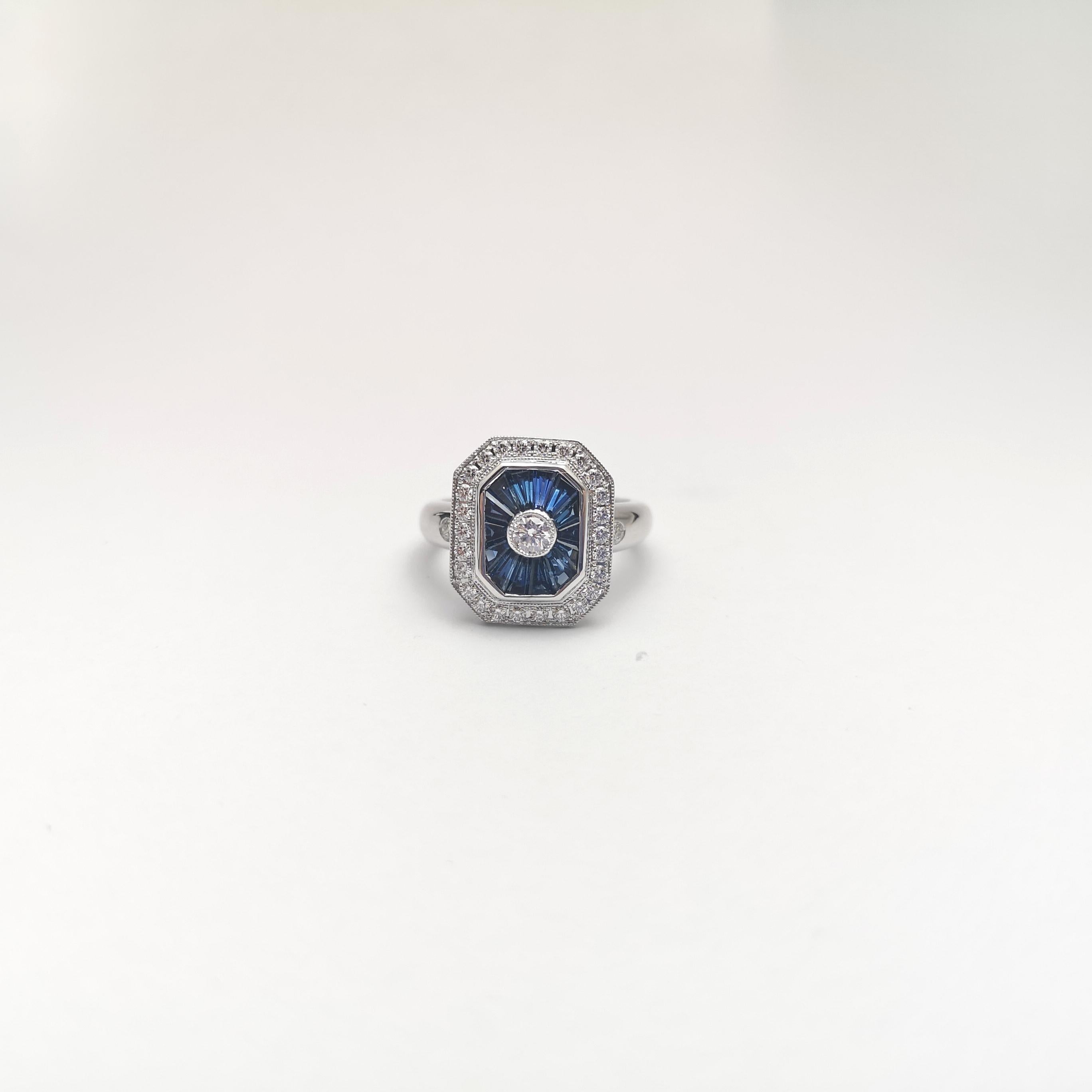 Anello con zaffiro blu e diamante incastonato in oro bianco 18 carati in vendita 1