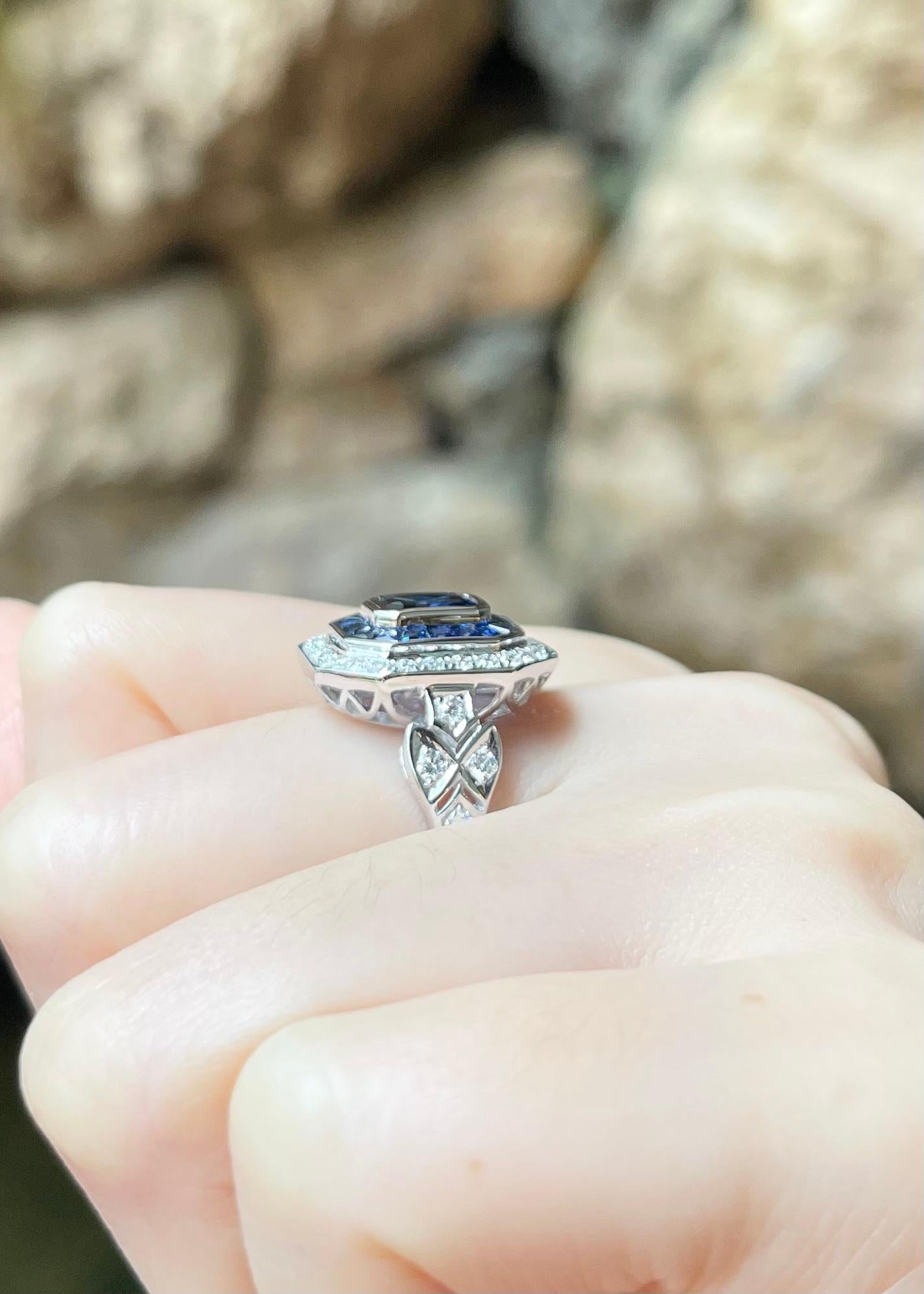 Blue Sapphire and Diamond Ring set in 18K White Gold Settings For Sale 1