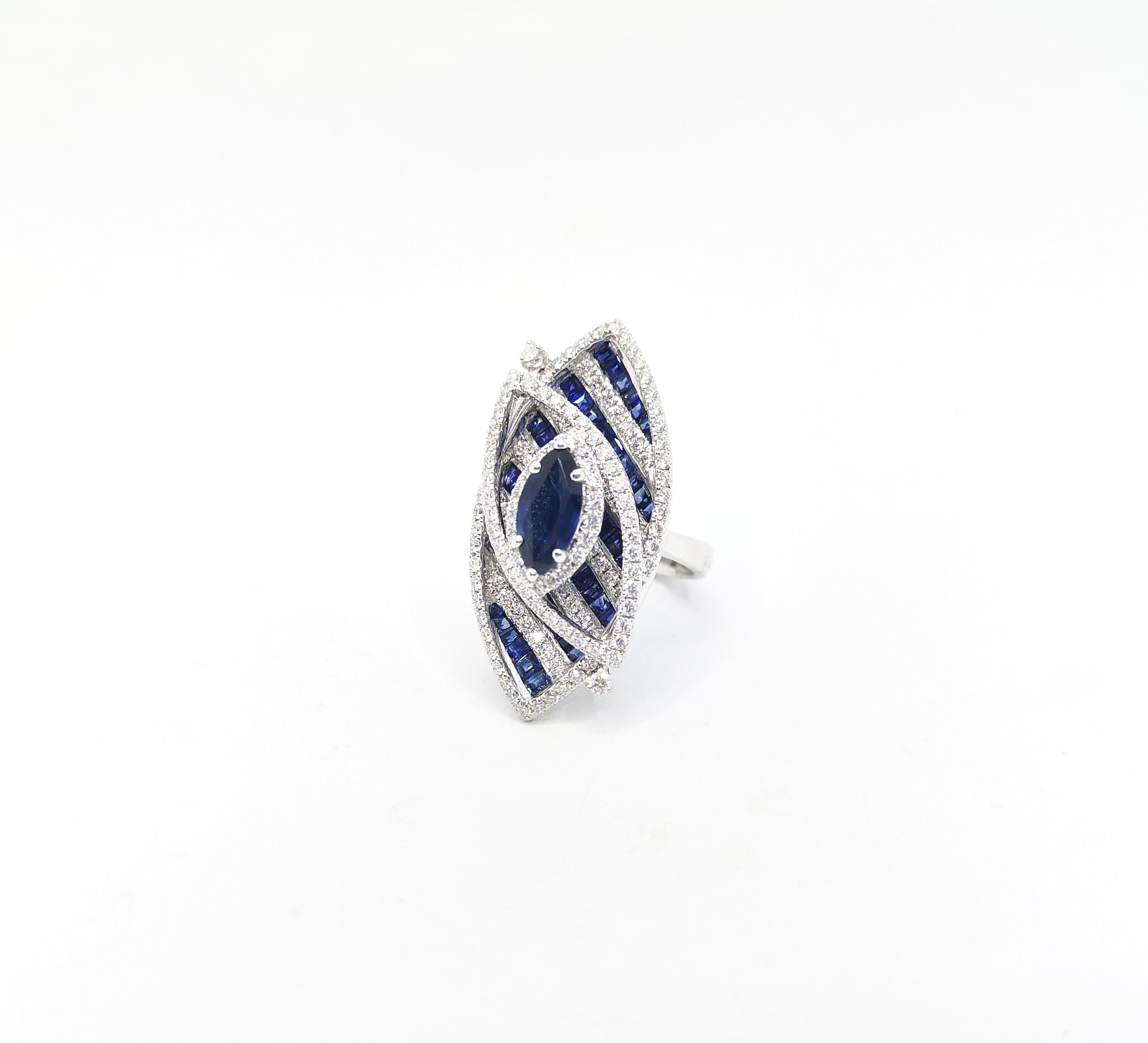 Blue Sapphire and Diamond Ring set in 18K White Gold Settings For Sale 2