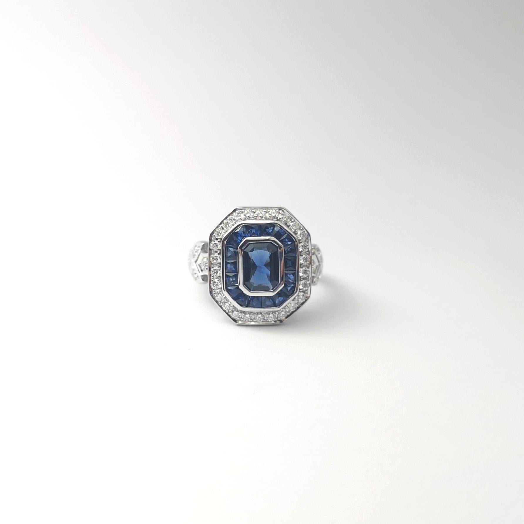 Blue Sapphire and Diamond Ring set in 18K White Gold Settings For Sale 2