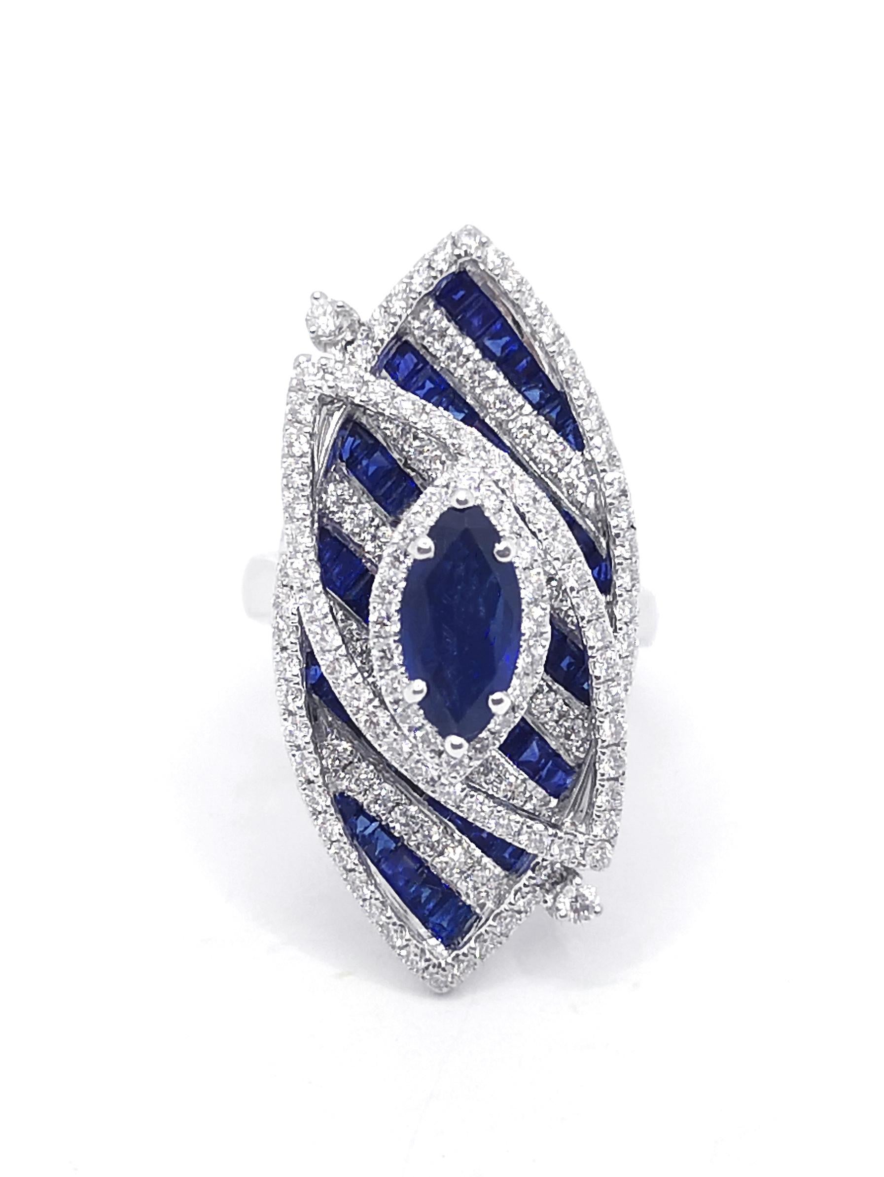 Blue Sapphire and Diamond Ring set in 18K White Gold Settings For Sale 3