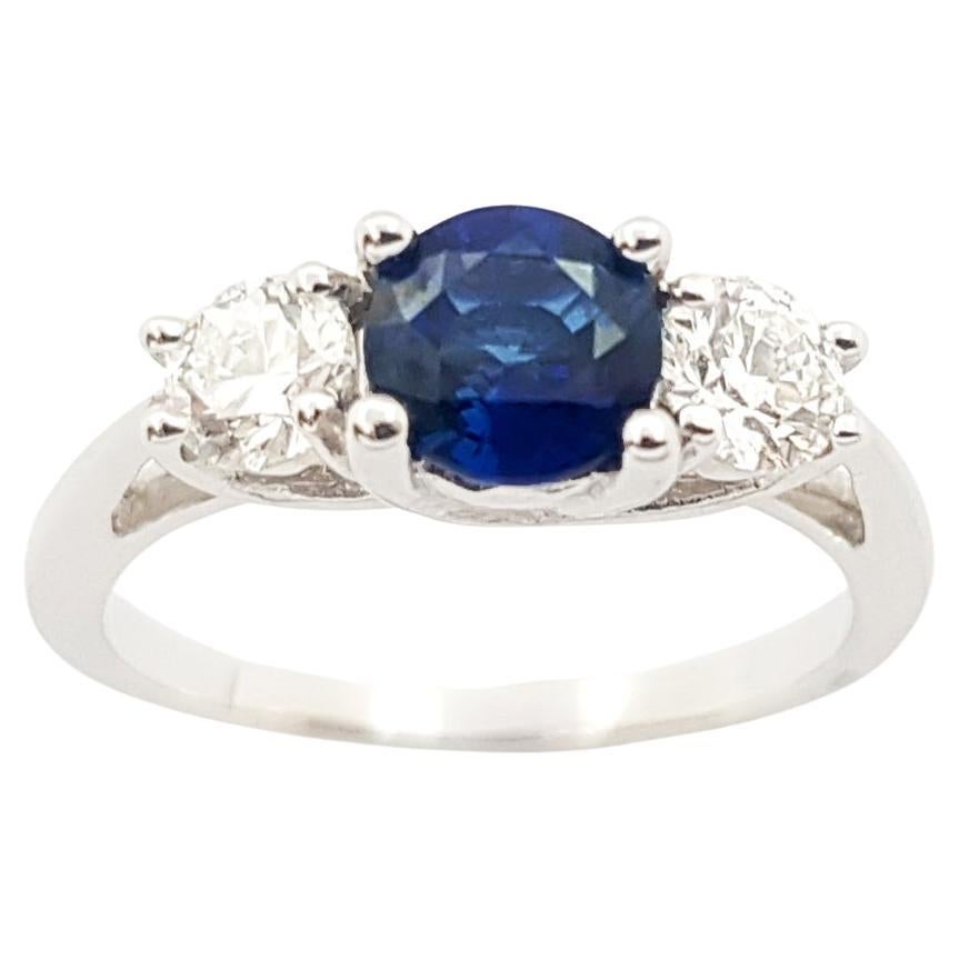 Blue Sapphire and Diamond Ring set in 18K White Gold Settings For Sale