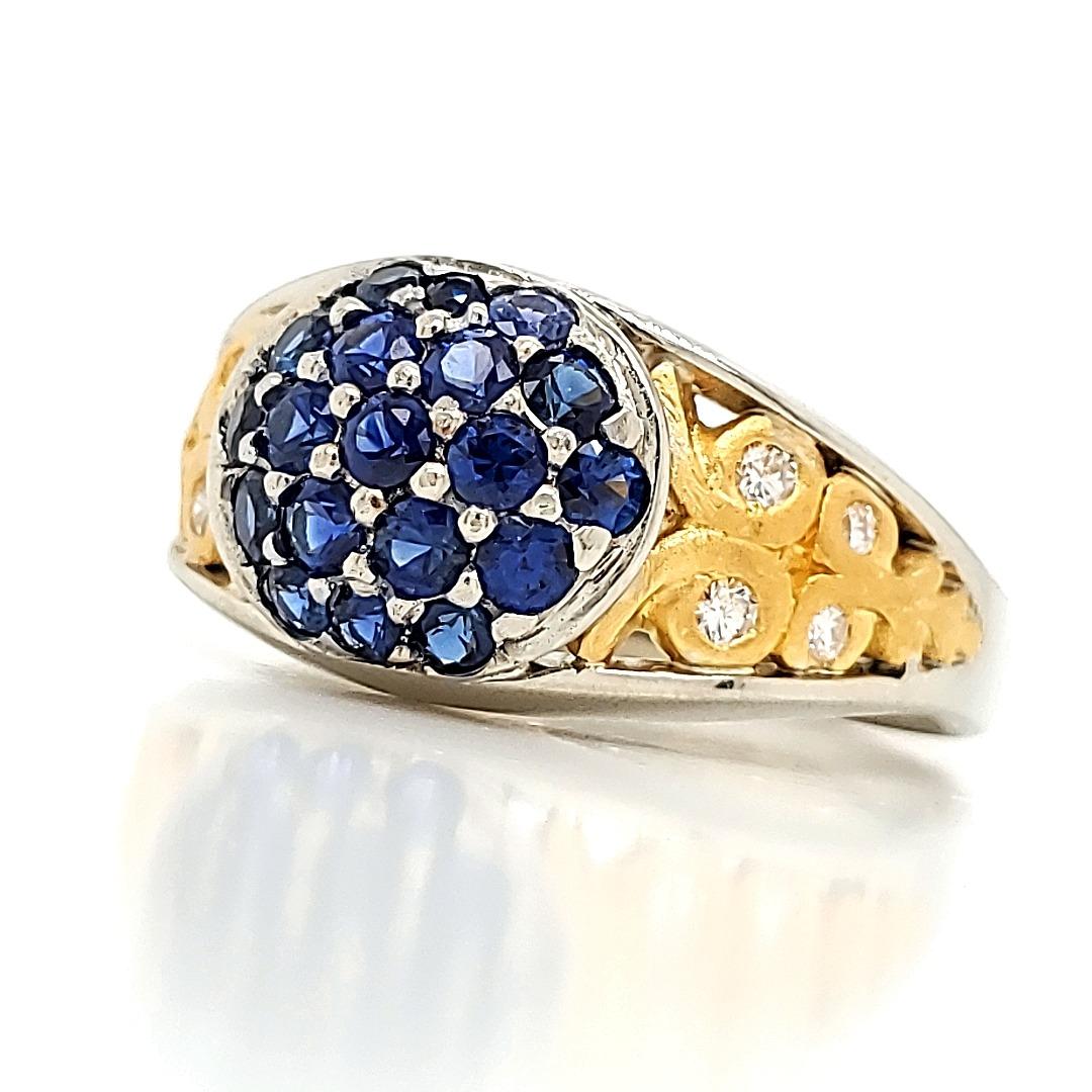 Contemporary Blue Sapphire and Diamond Engagement Ring with 18 and 24 K Gold Work For Sale