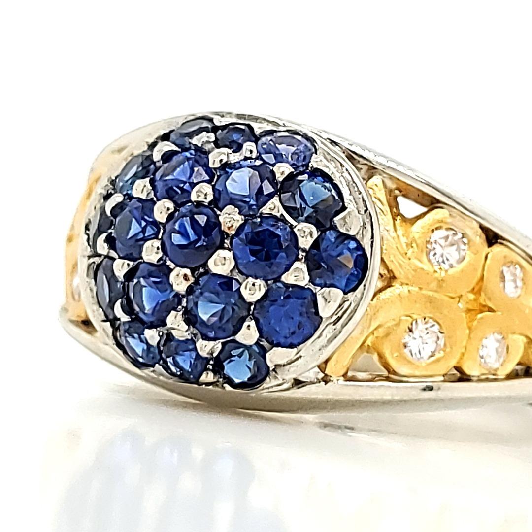 Round Cut Blue Sapphire and Diamond Engagement Ring with 18 and 24 K Gold Work For Sale