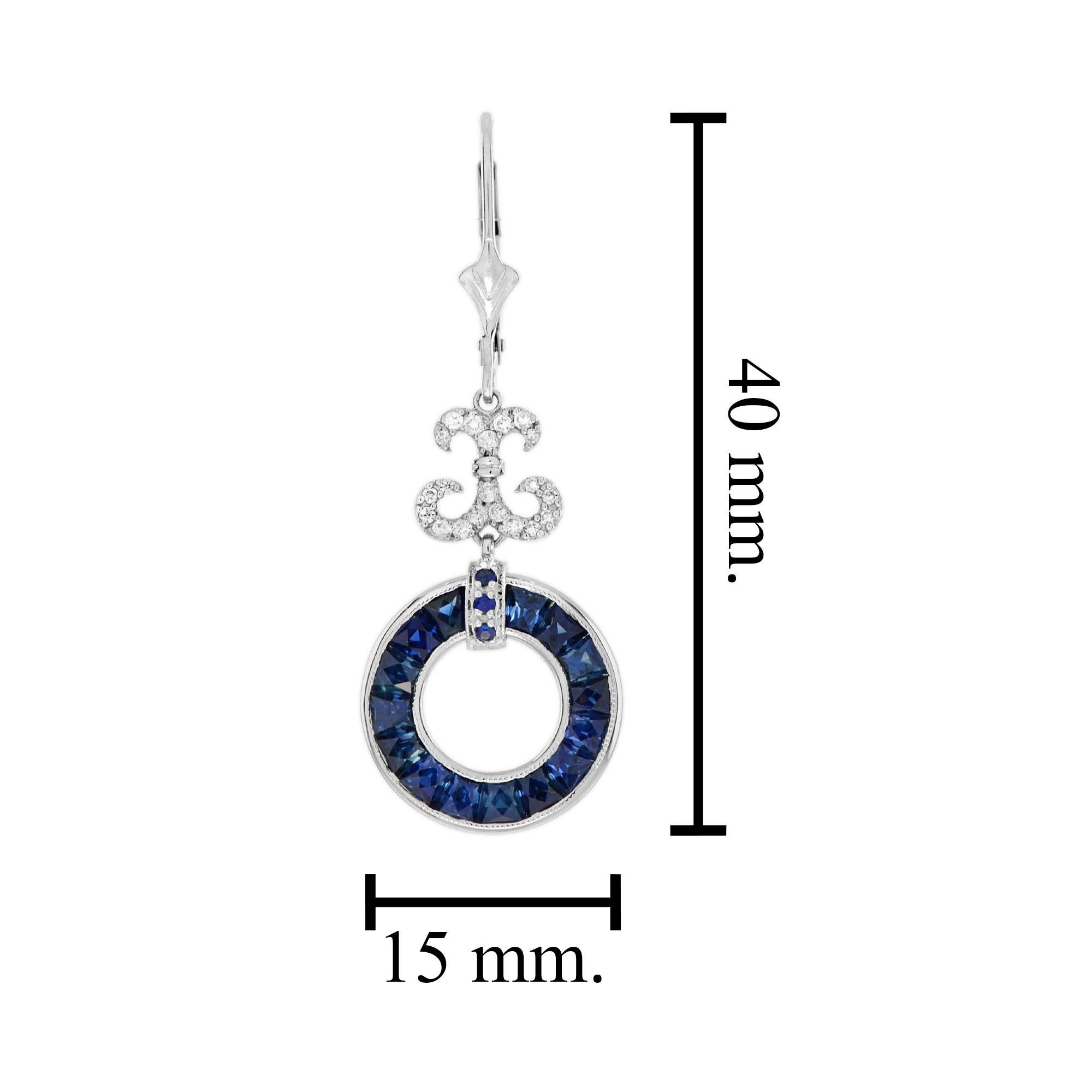 French Cut Blue Sapphire and Diamond Round Openwork Drop Earrings in 18K White Gold For Sale