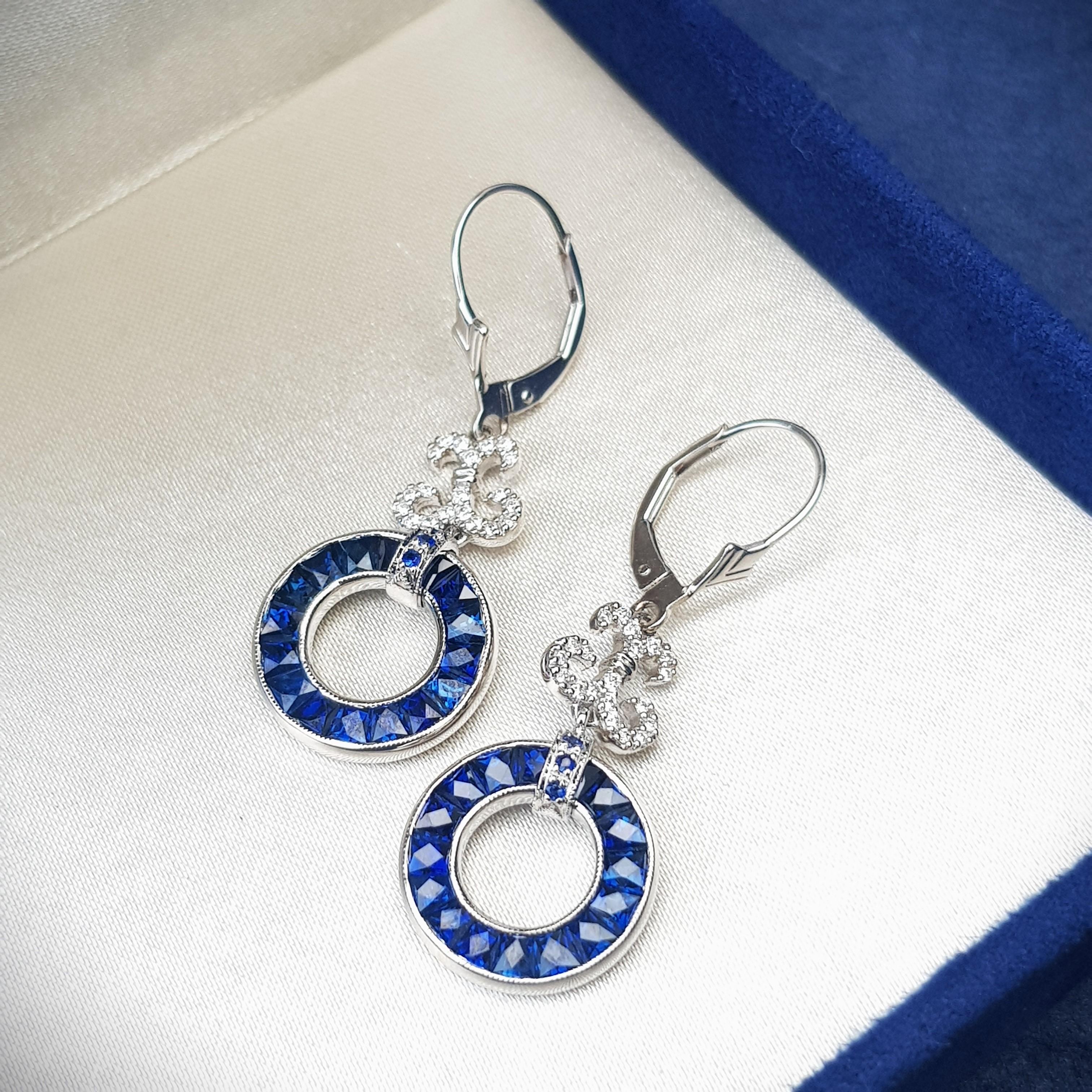 Women's Blue Sapphire and Diamond Round Openwork Drop Earrings in 18K White Gold For Sale