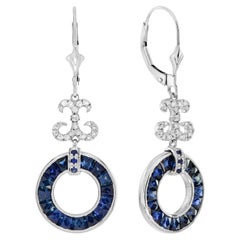 Blue Sapphire and Diamond Round Openwork Drop Earrings in 18K White Gold