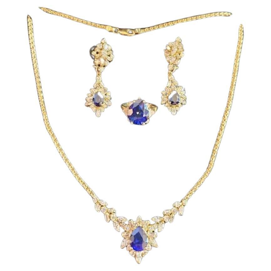 Blue Sapphire and Diamond Set. Made in Italy 18K Yellow Gold For Sale
