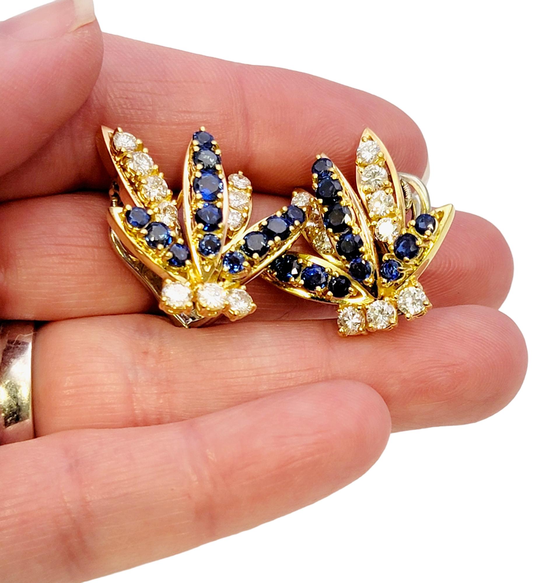 Blue Sapphire and Diamond Spray Non-Pierced Earrings in 18 Karat Multi Gold For Sale 3
