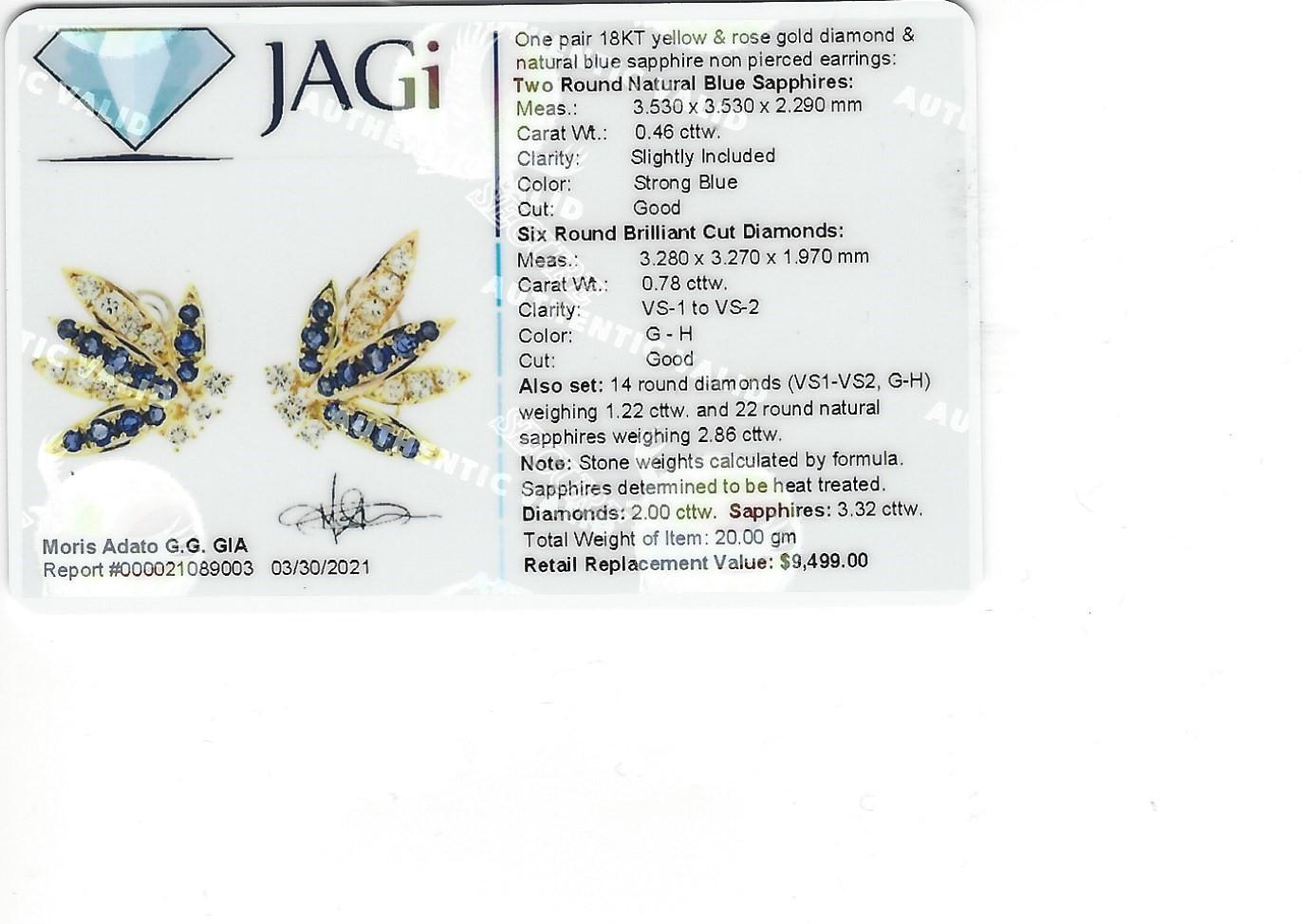 Blue Sapphire and Diamond Spray Non-Pierced Earrings in 18 Karat Multi Gold For Sale 6