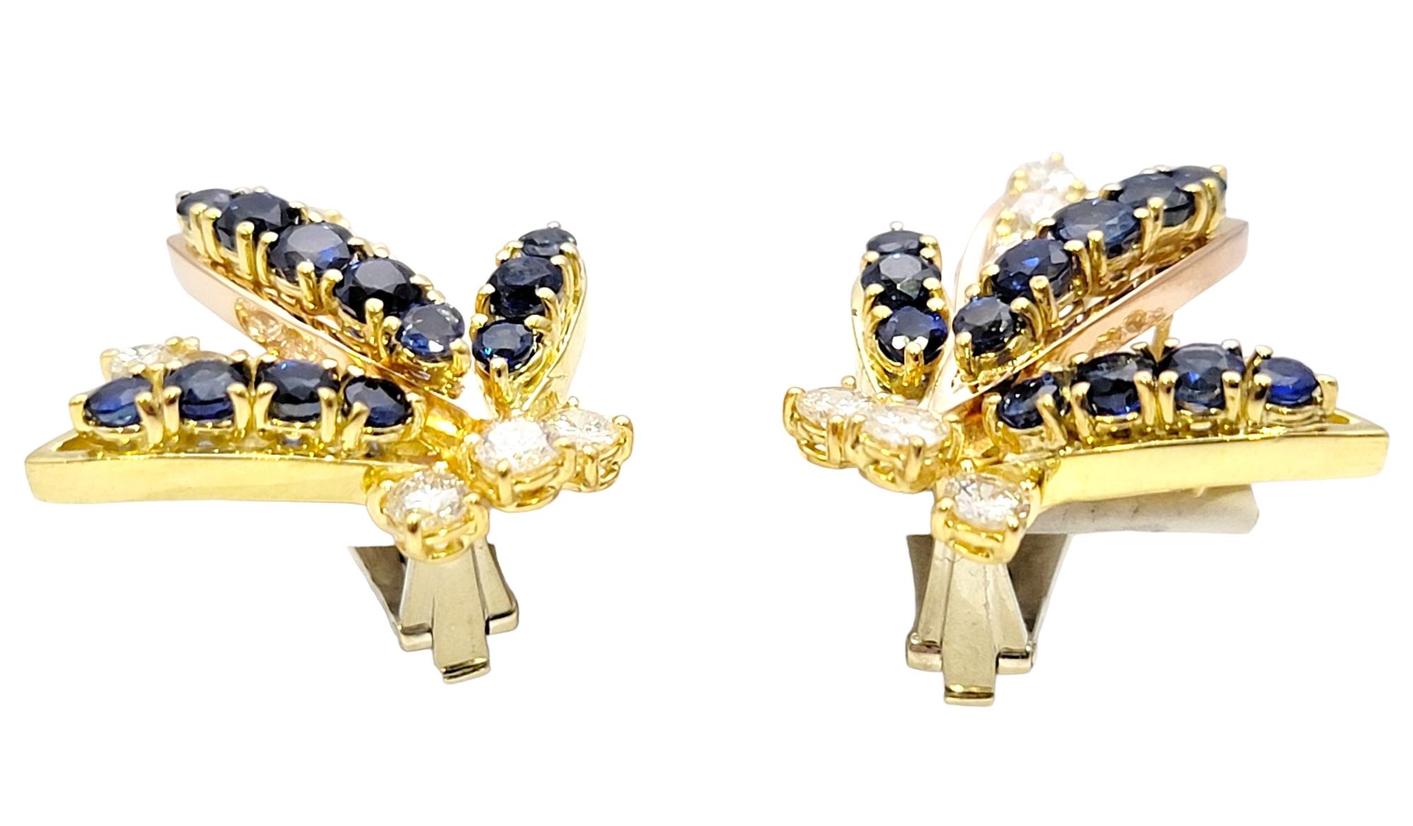 Non-Pierced Ohrringe aus 18 Karat Multi Gold mit blauem Saphir und Diamant Sprüh  (Rundschliff) im Angebot