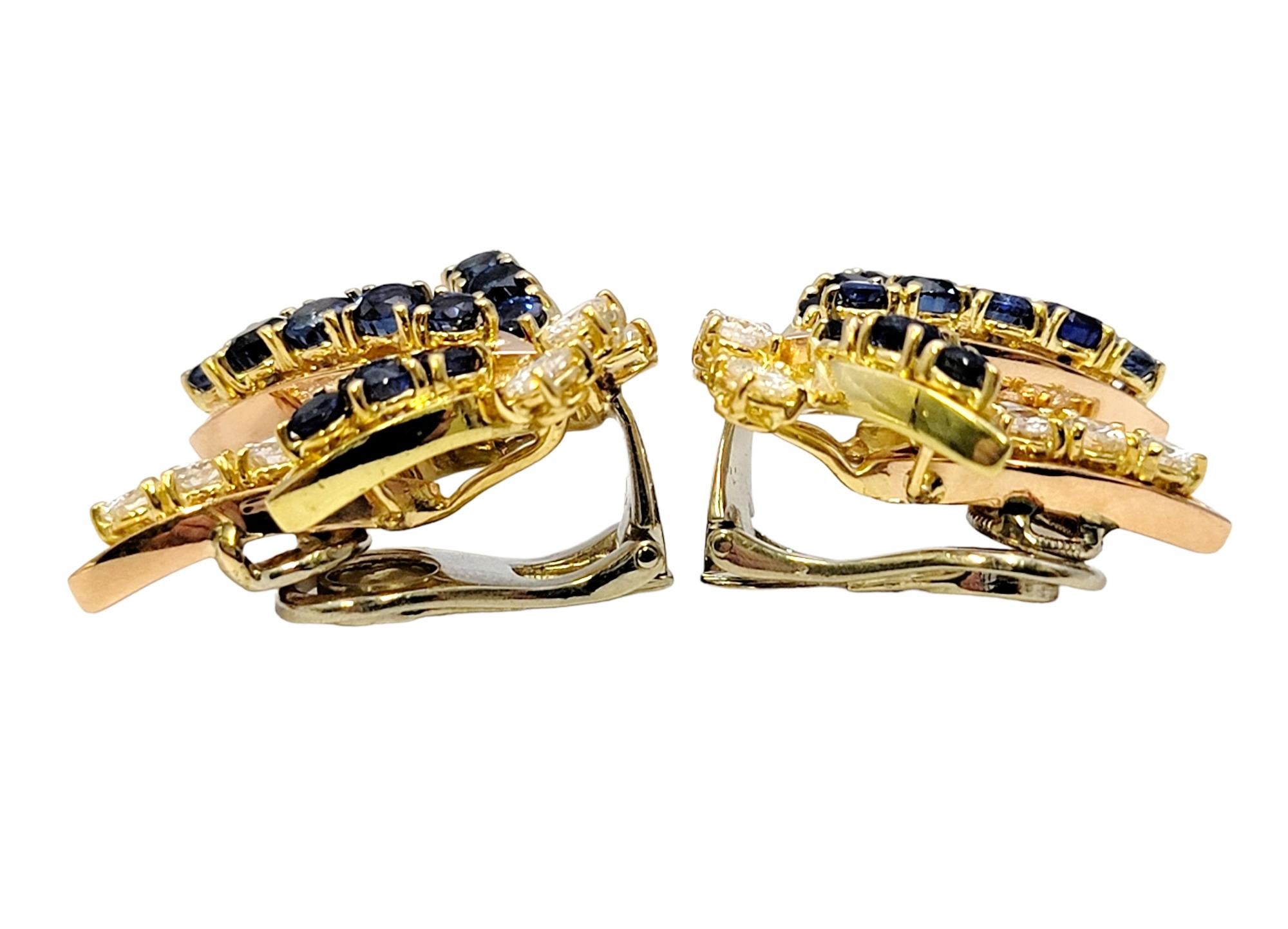 Contemporary Blue Sapphire and Diamond Spray Non-Pierced Earrings in 18 Karat Multi Gold For Sale