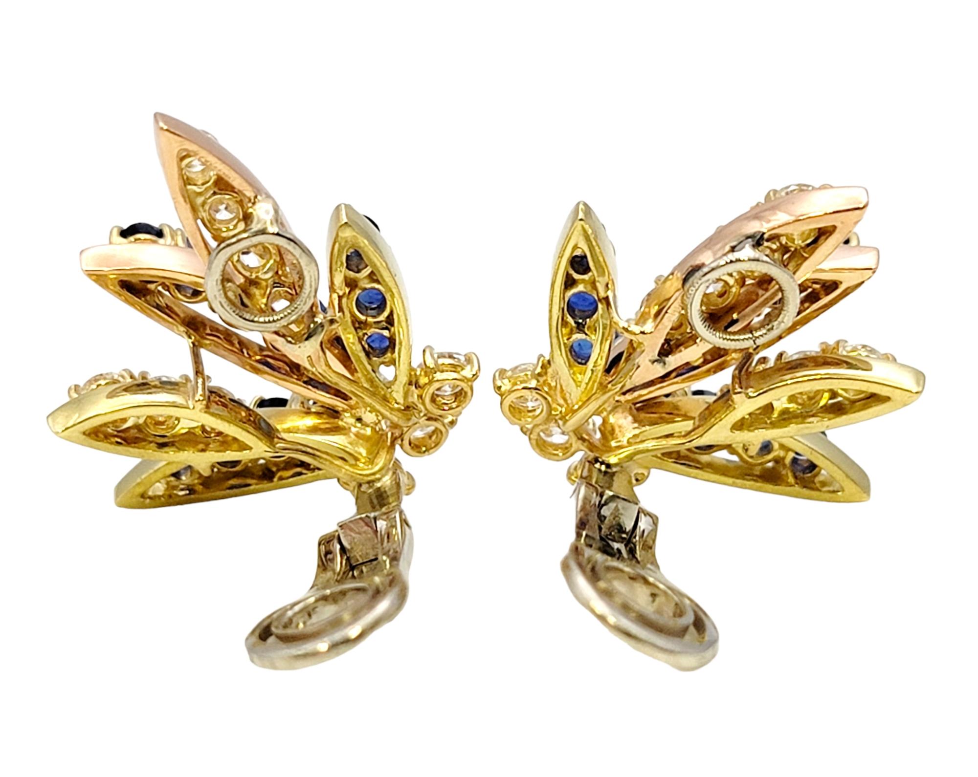 Non-Pierced Ohrringe aus 18 Karat Multi Gold mit blauem Saphir und Diamant Sprüh  im Angebot 1