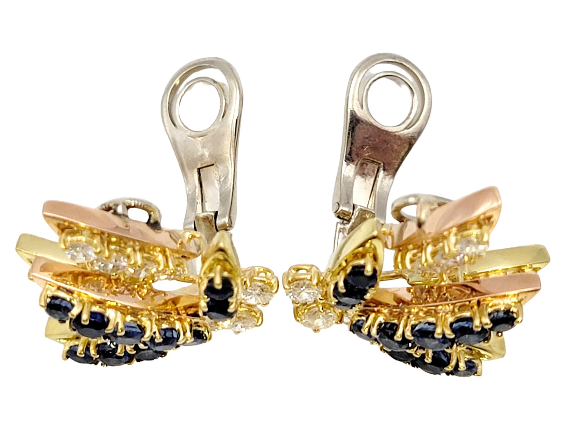 Blue Sapphire and Diamond Spray Non-Pierced Earrings in 18 Karat Multi Gold In Good Condition For Sale In Scottsdale, AZ