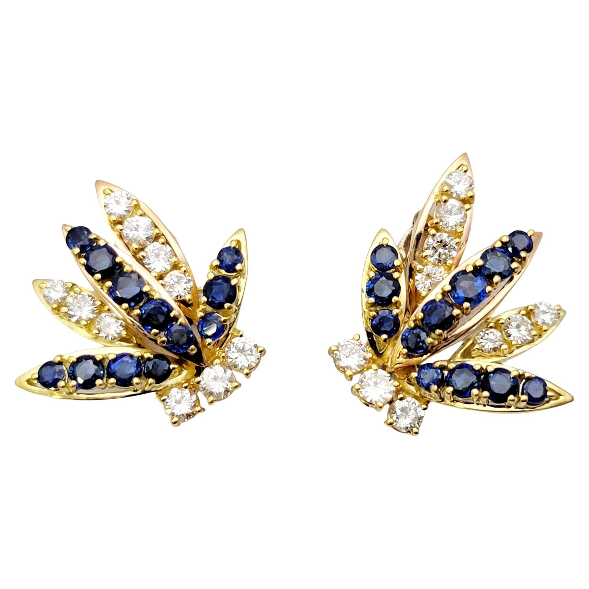 Blue Sapphire and Diamond Spray Non-Pierced Earrings in 18 Karat Multi Gold For Sale