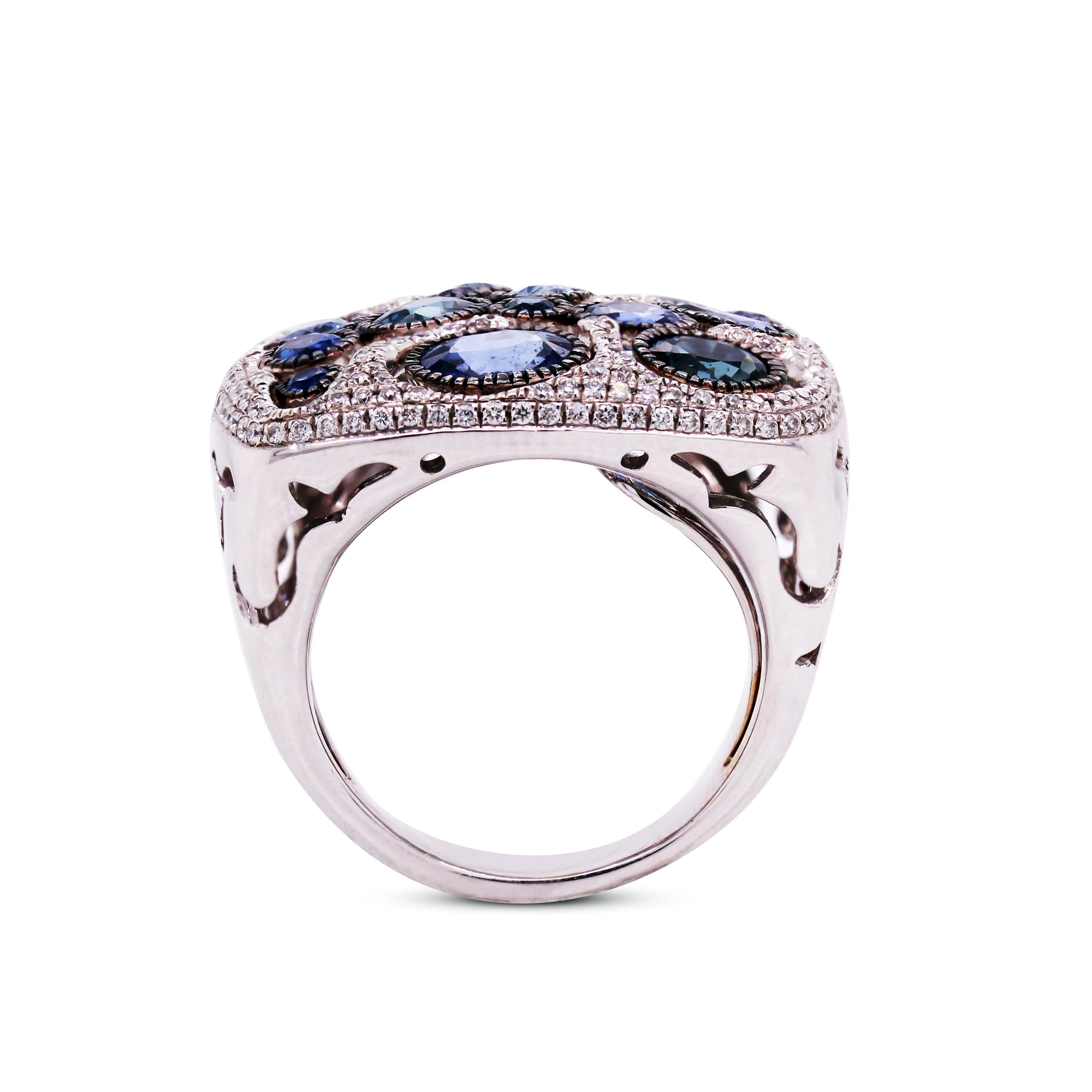 Blue Sapphire and Diamond Square Ring In Excellent Condition For Sale In Boca Raton, FL